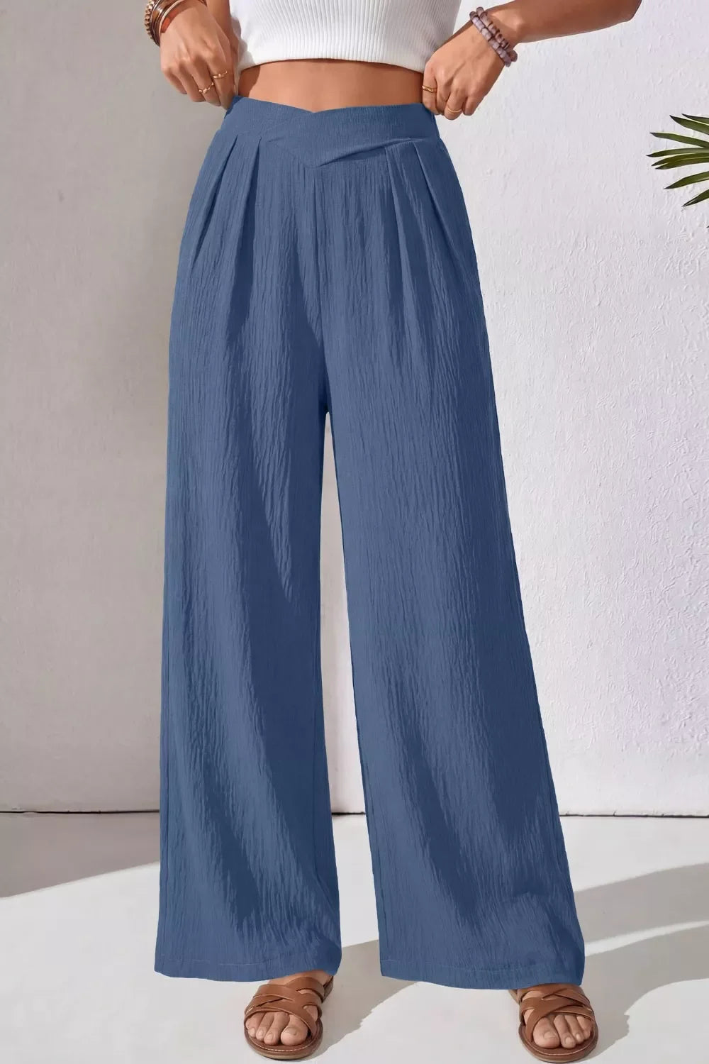 Solid Color Textured Crossed Waist Loose Pants