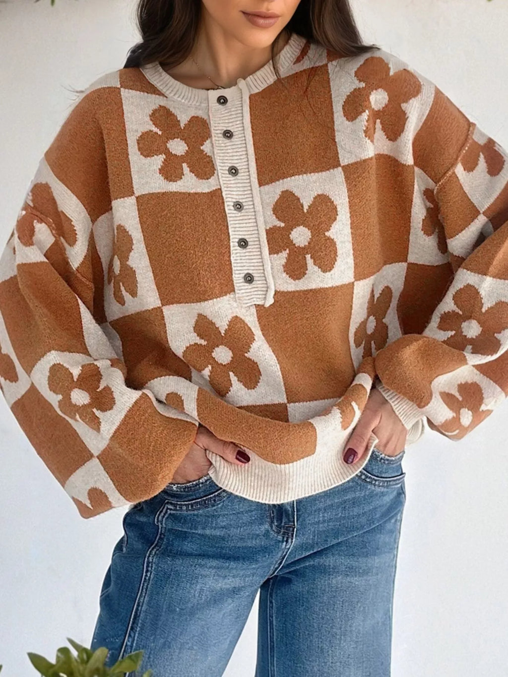 Flower Plaid Henley Baggy Sweater