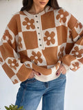 Flower Plaid Henley Baggy Sweater