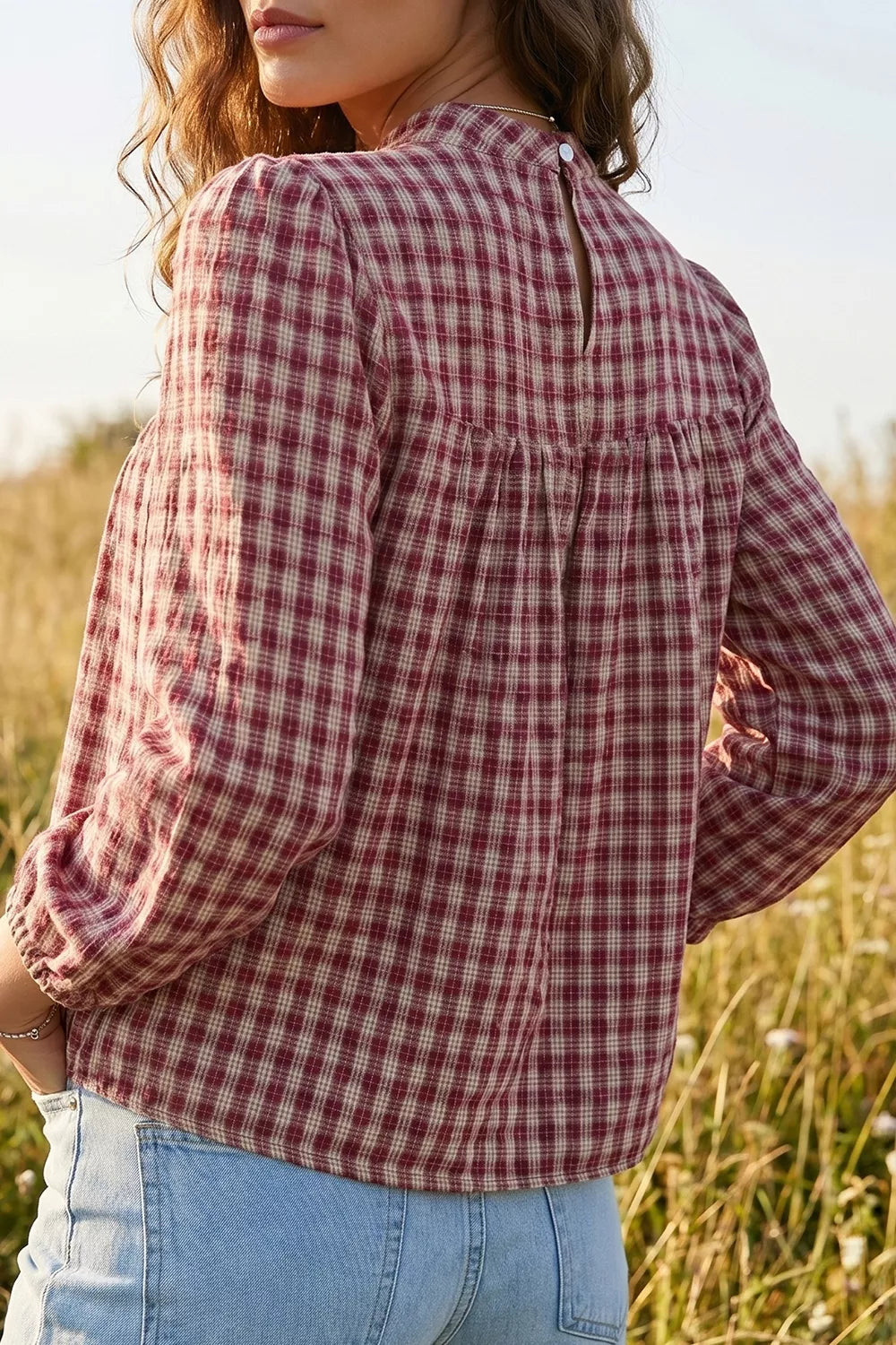 Country Plaid Long Sleeve Button Keyhole Pleated Loose Blouse