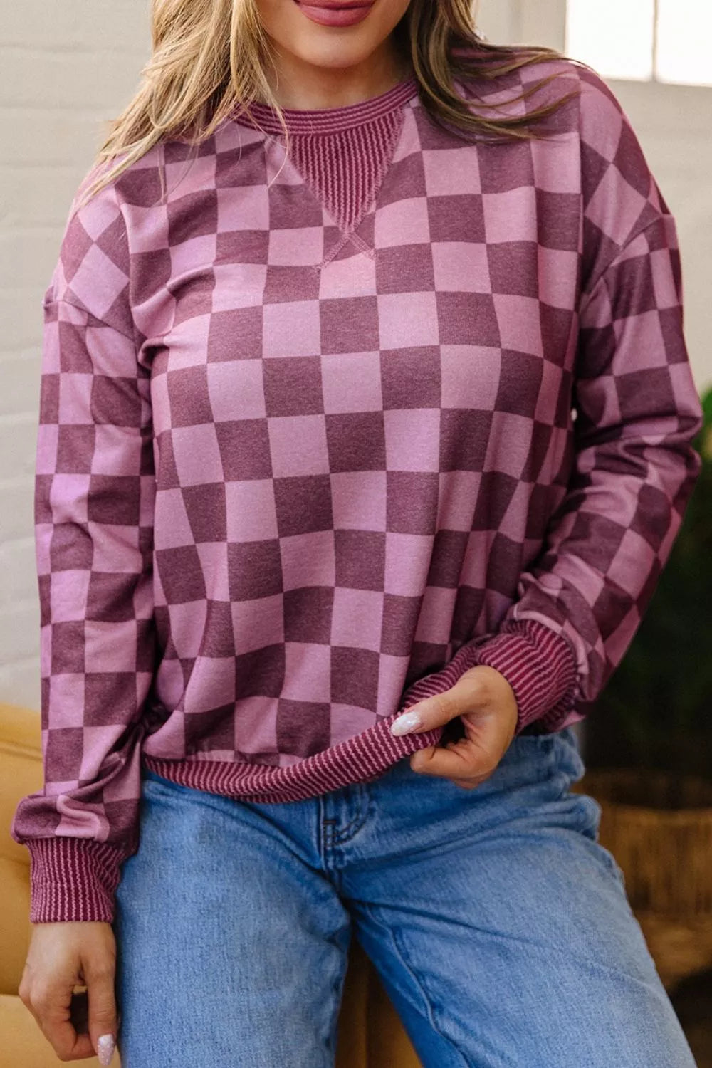 Ribbed Trim Checkered Print Long Sleeve Pullover Top