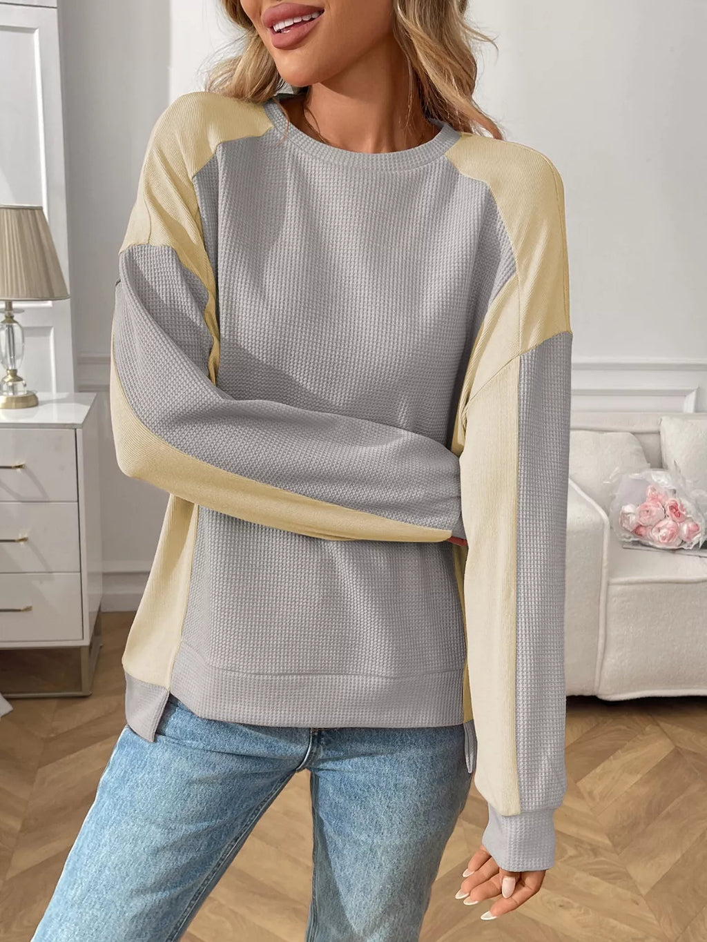 Color Block Waffle Knit Long Sleeve T-Shirt