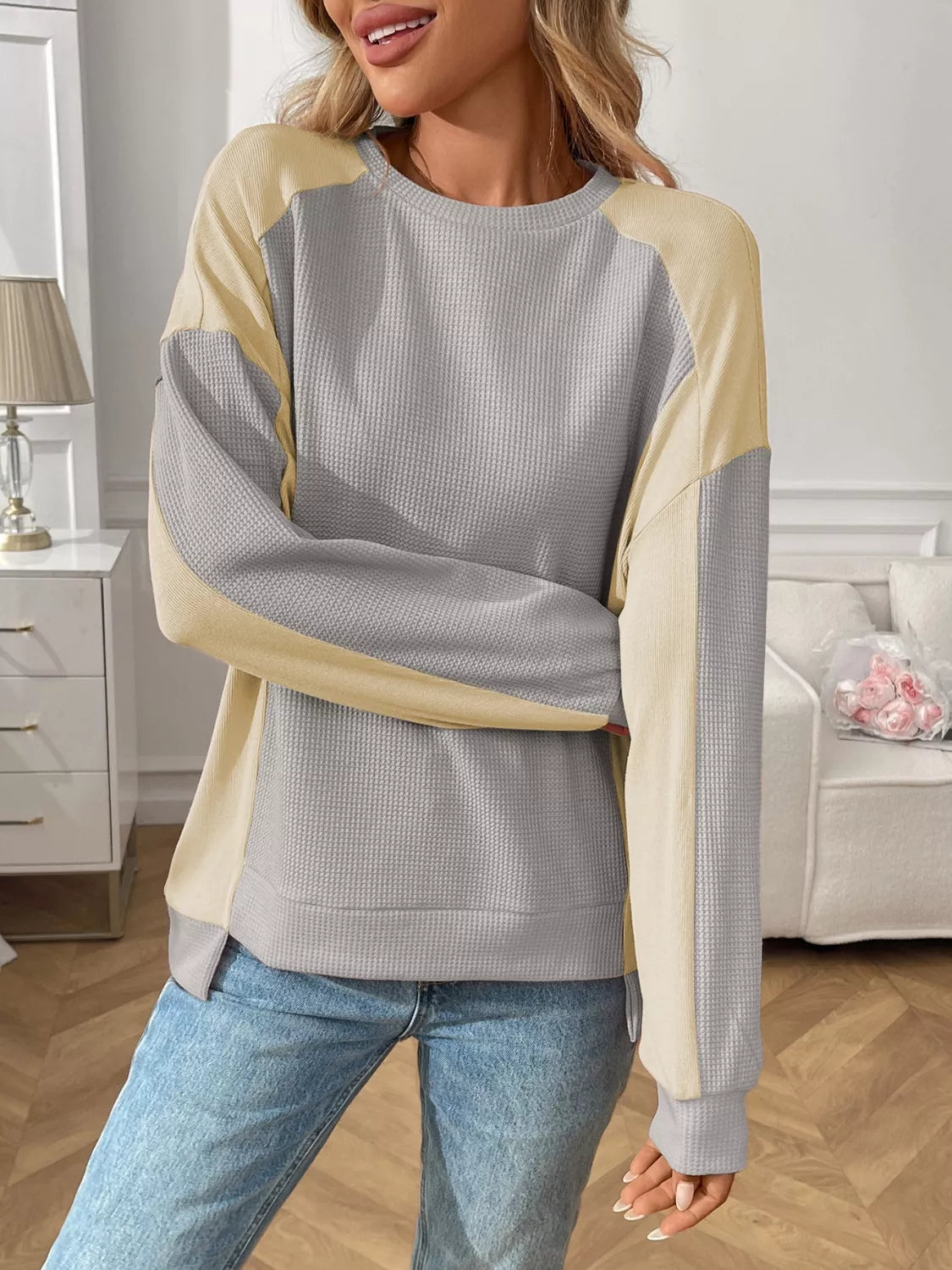 Color Block Waffle Knit Long Sleeve T-Shirt