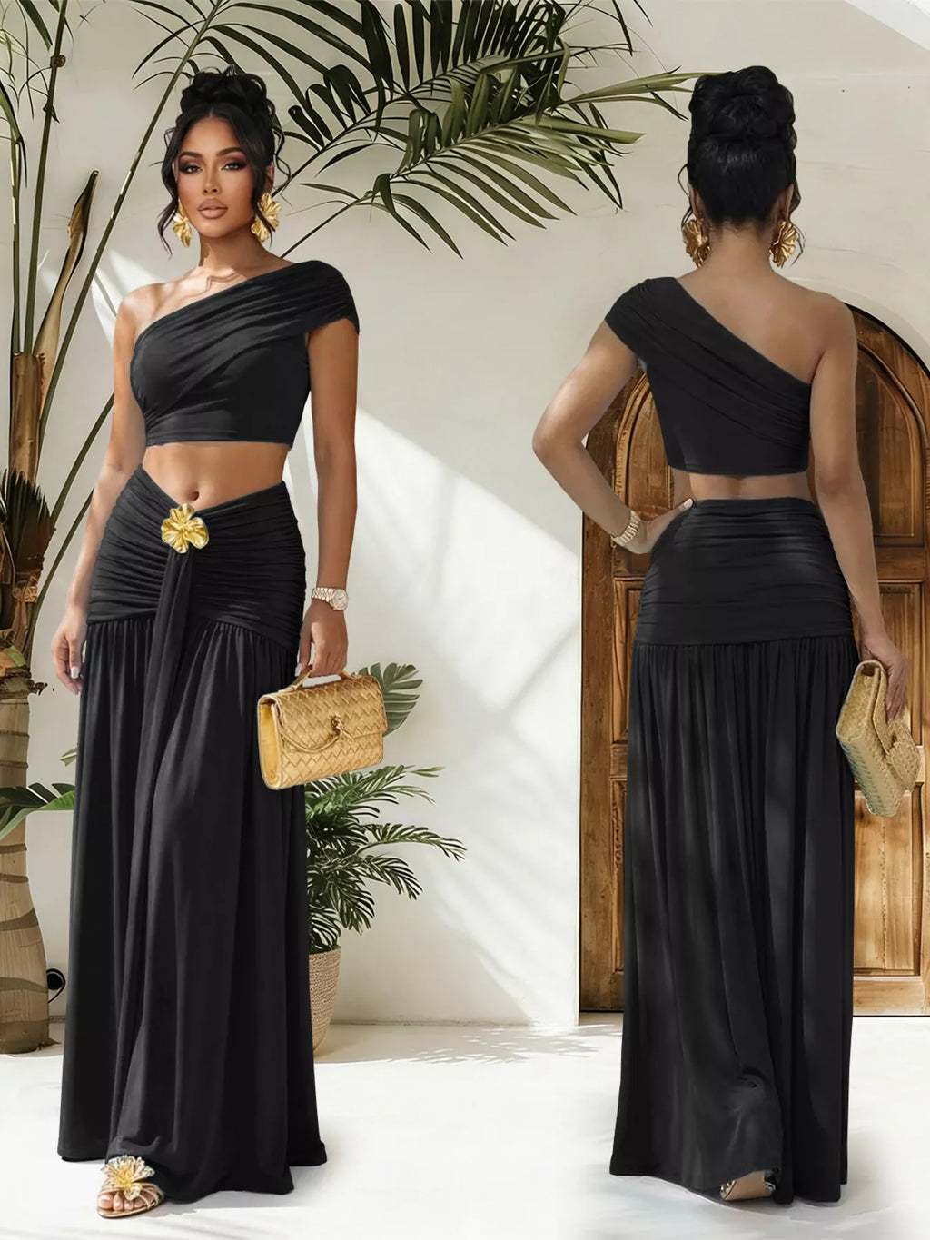 One-Shoulder Top and Ruched Maxi Skirt Set