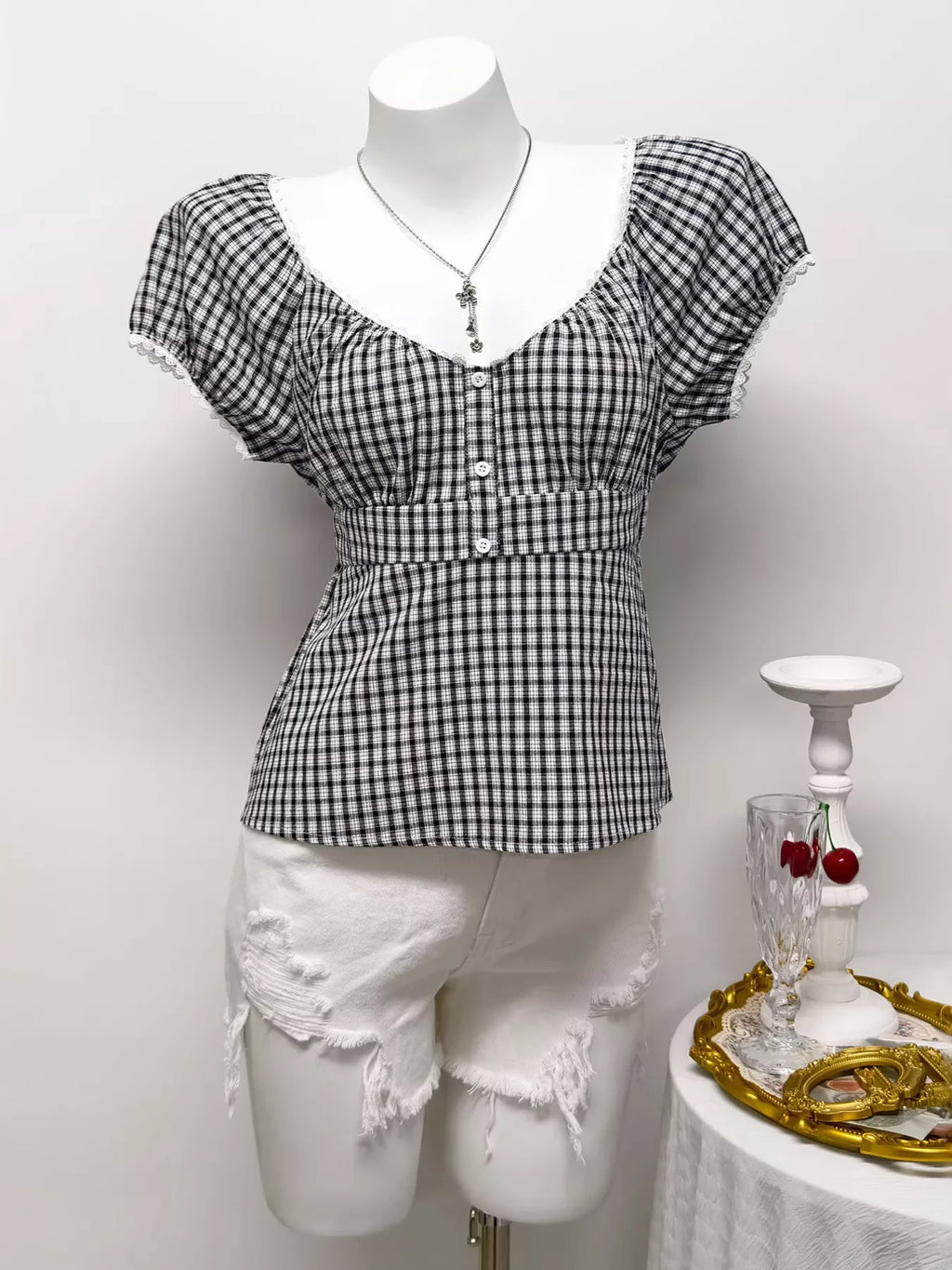 Plaid Short Sleeve Blouse