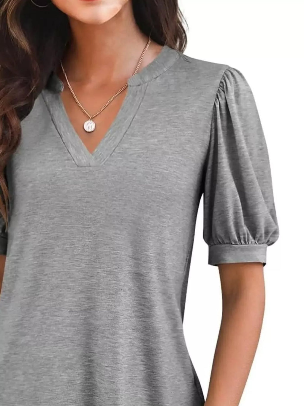 Puff Sleeve Notched Casual T-Shirt
