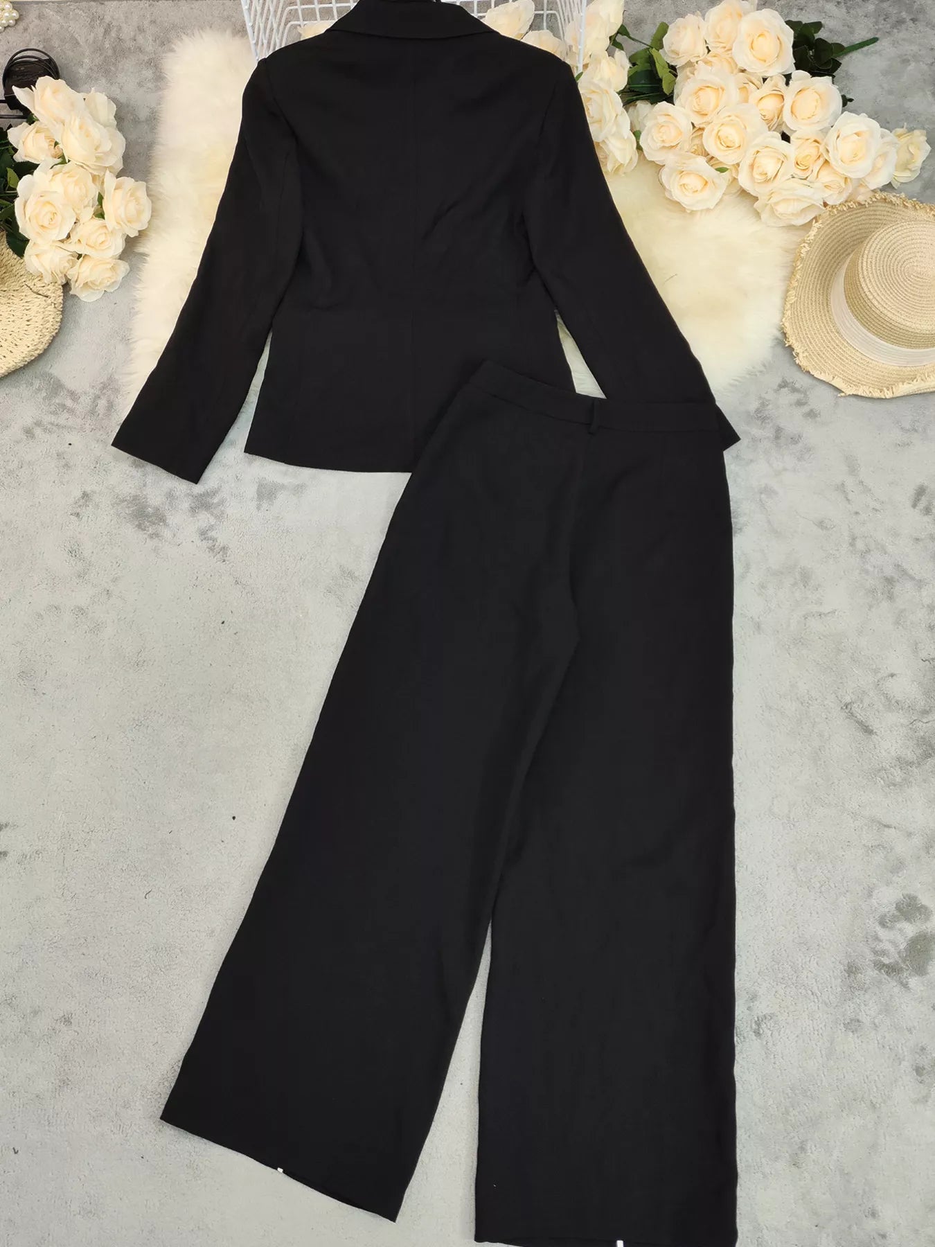Contrast Trim Blazer & Wide Leg Pants Set