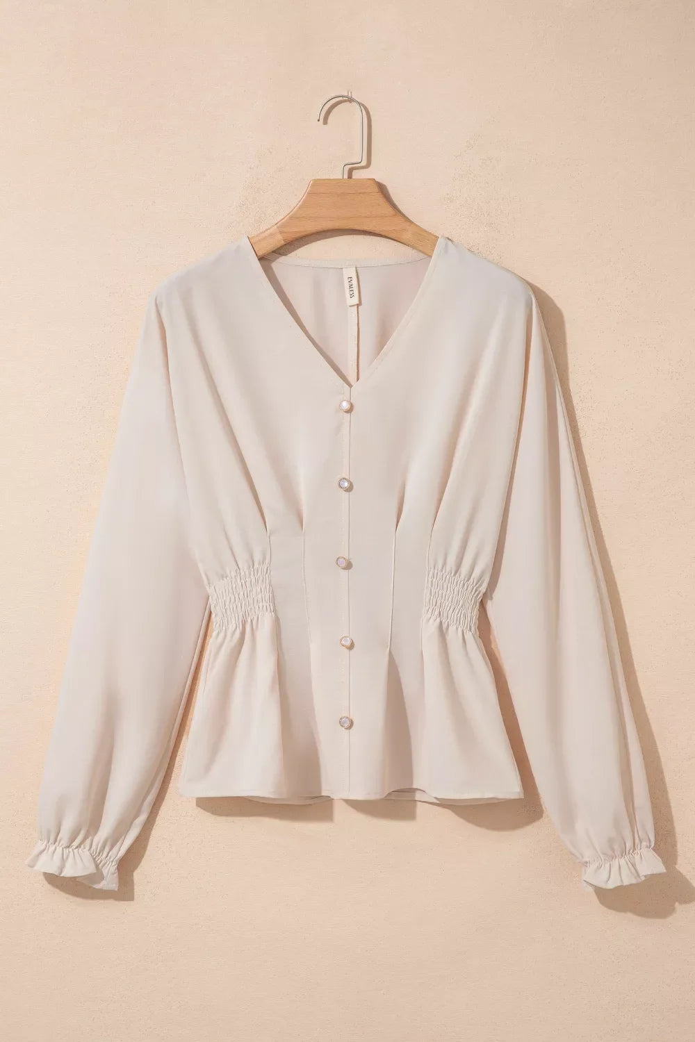 V Neck Long Sleeve Smocked Waist Elegant Blouse