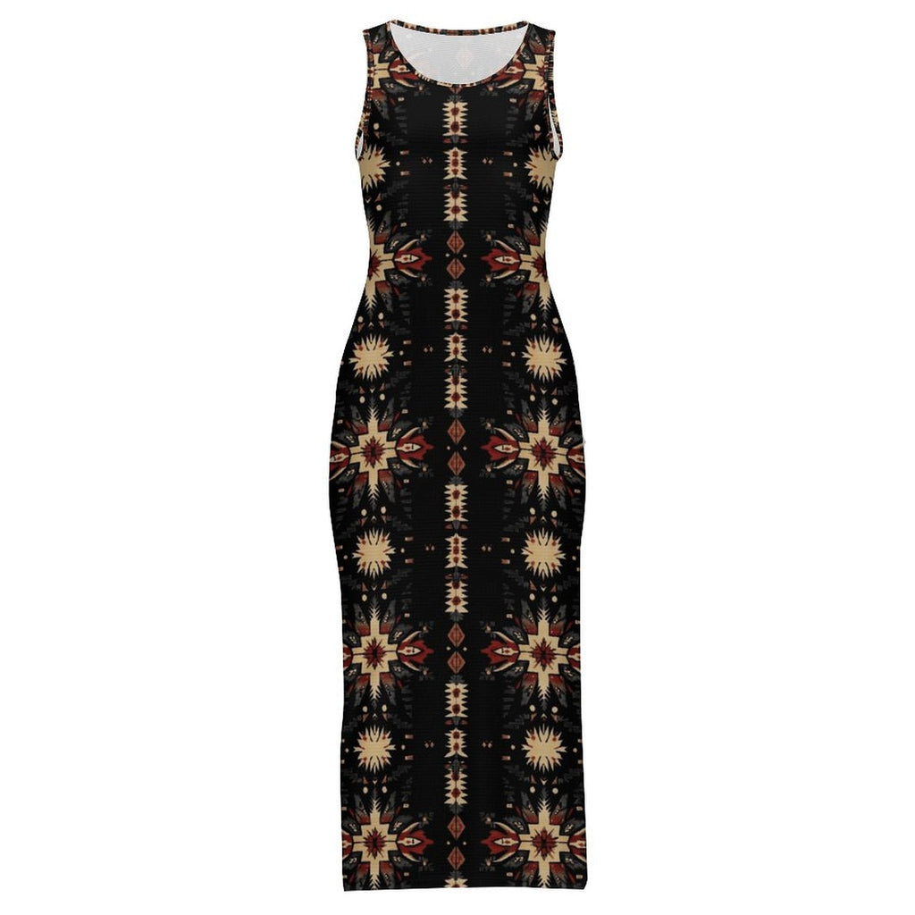 Baha Ranch Black and Tan Aztec Bodycon Side Slit Western Maxi Dress