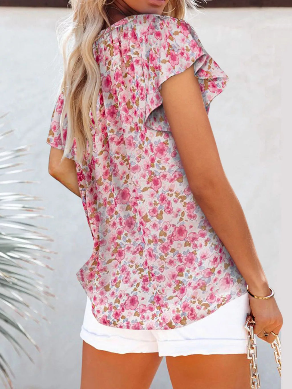 Full Size Floral Print Flutter Sleeve V-Neck Blouse Plus Size
