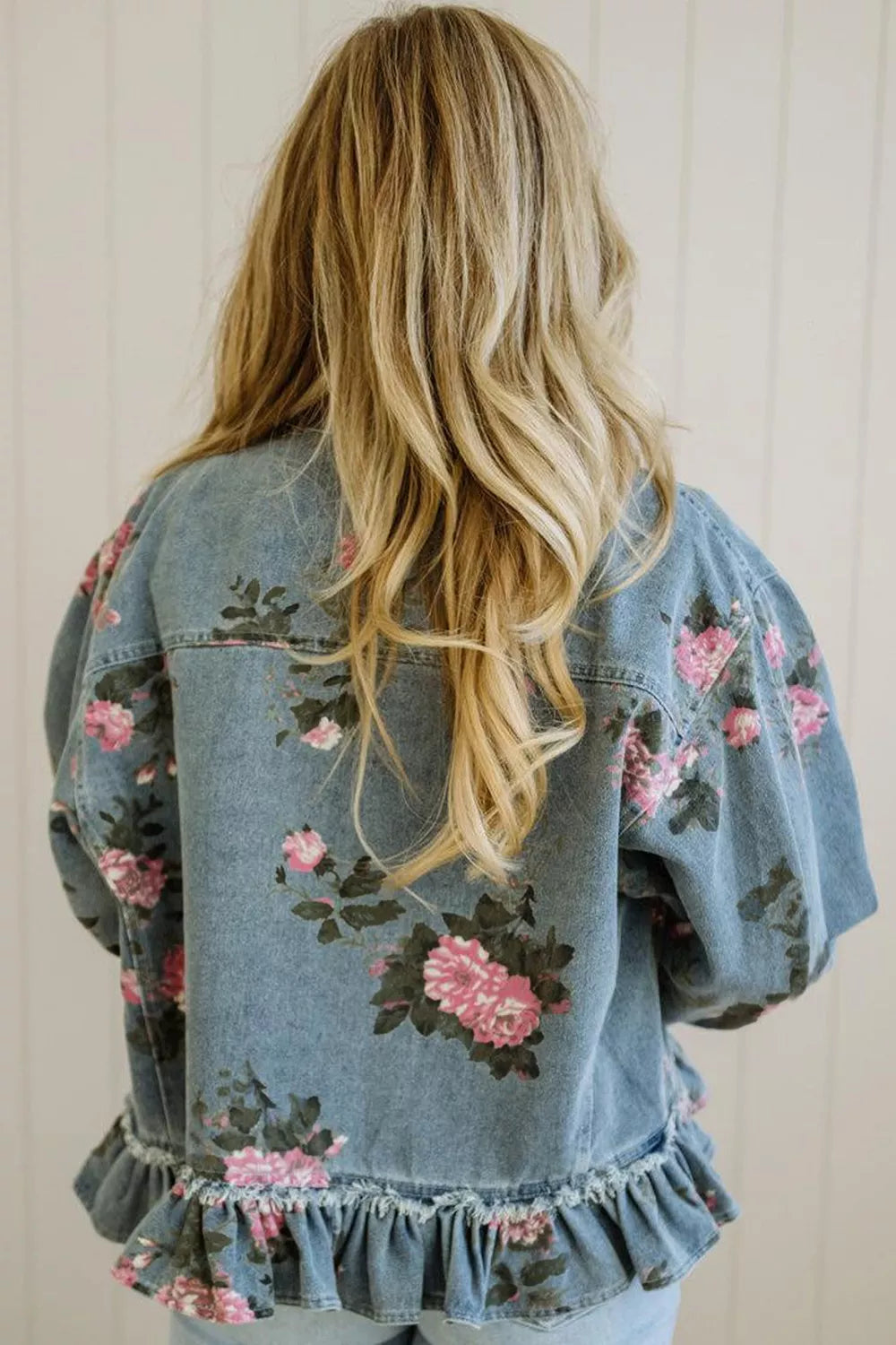 Floral Print Denim Jacket with Ruffled Hem