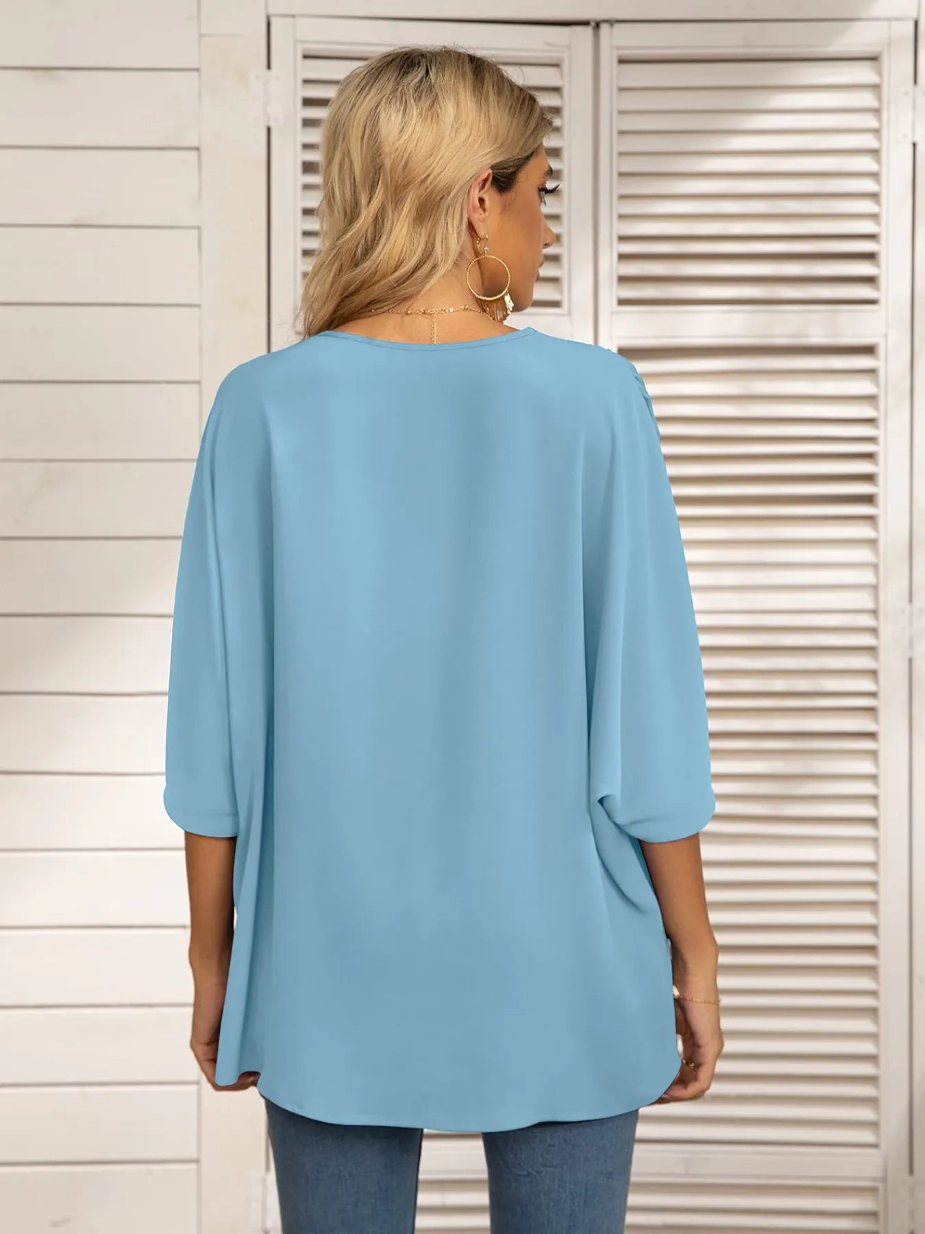 Printed Trim V-Neck Batwing Sleeve Blouse