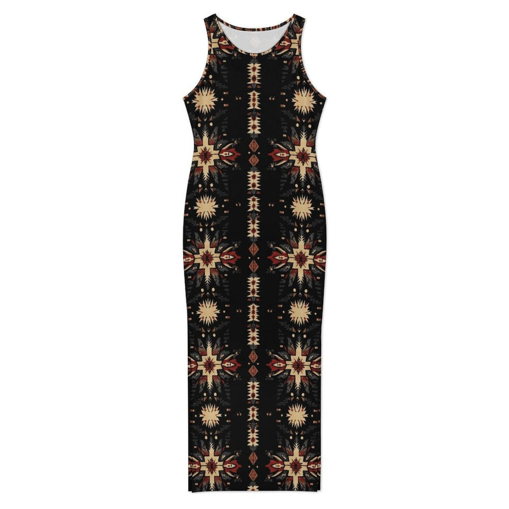 Baha Ranch Black and Tan Aztec Bodycon Side Slit Western Maxi Dress