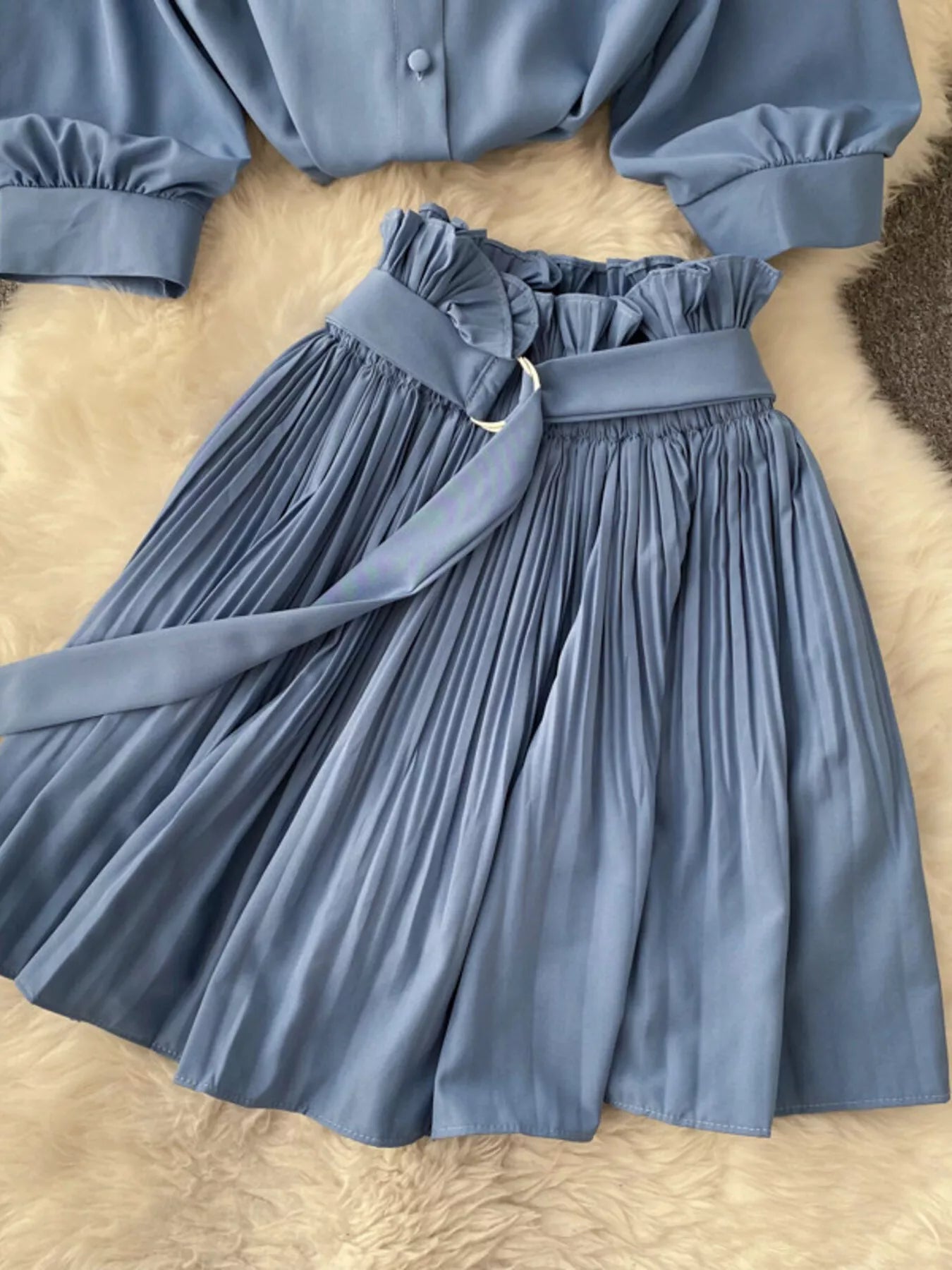 Puff Sleeve Shirt and Pleated Skirt Set