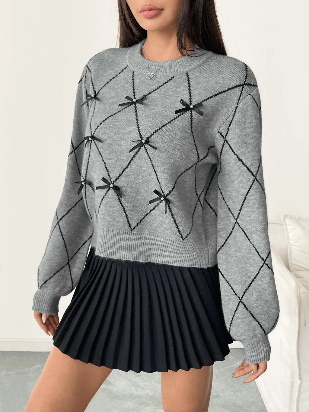 Diamond Pattern Bow Detail Sweater