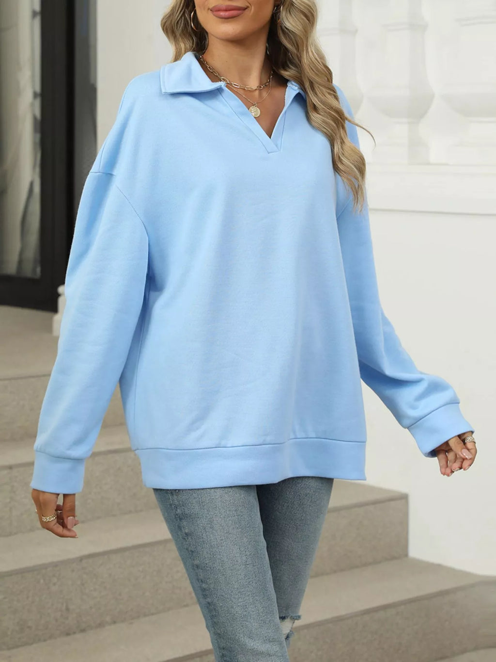 Johnny Collar Drop Shoulder Long Sleeve Sweatshirt