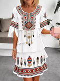 Full Size Printed Notched Ruffled Half Sleeve Dress Plus Size