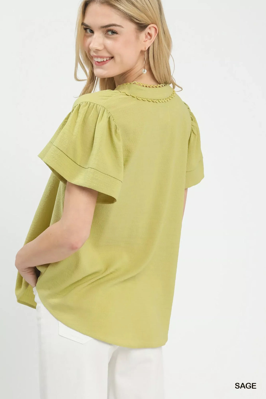 Umgee Seersucker Short Sleeve Top with Lace Trim