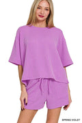 Zenana Raised Rib Short Sleeve Tee and Drawstring Shorts Set