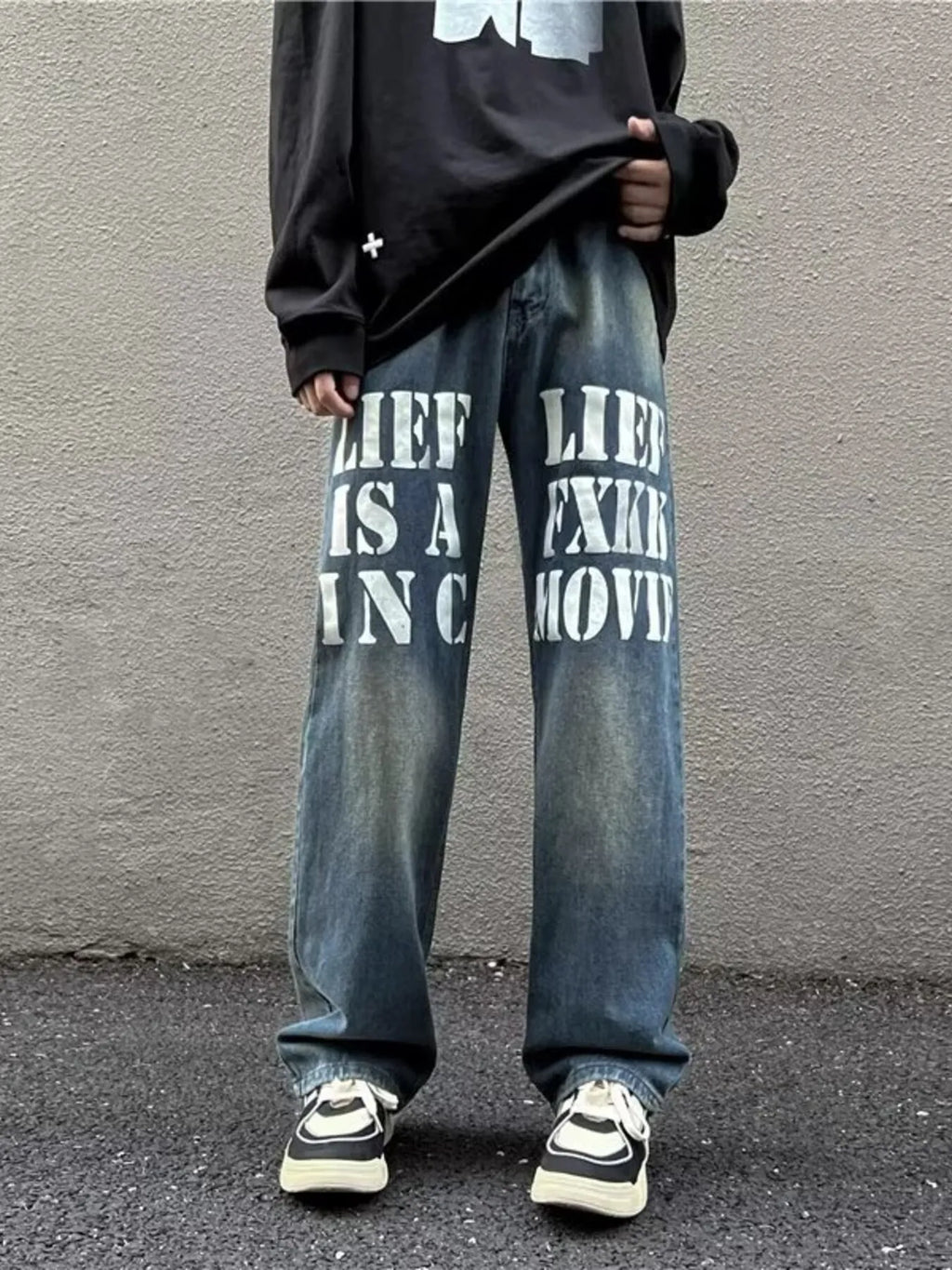 Men's Full Size Letter Graphic Wide Leg Jeans Plus Size