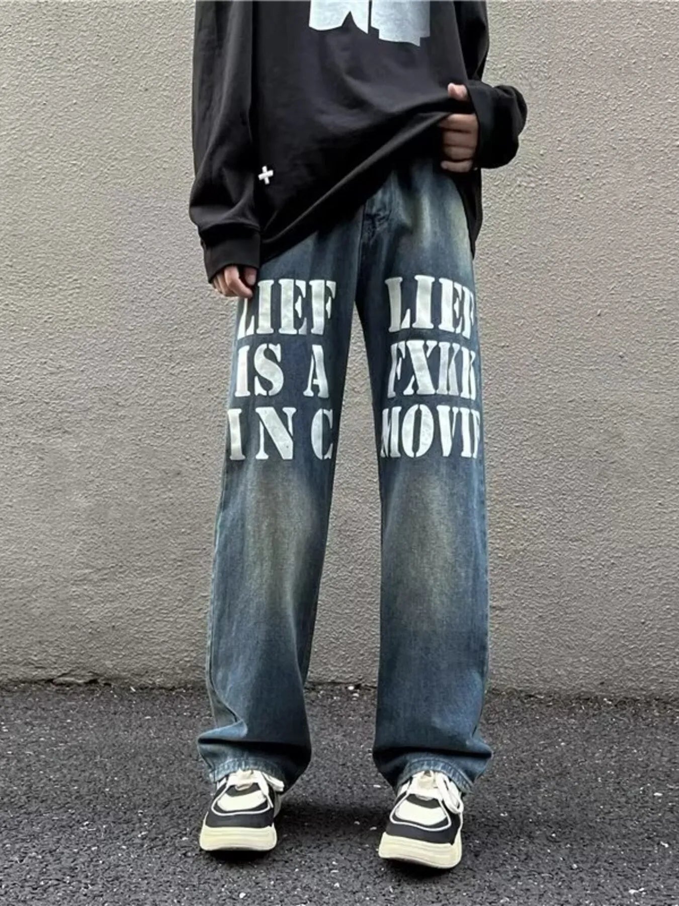 Men's Full Size Letter Graphic Wide Leg Jeans Plus Size