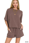 Zenana Raised Rib Short Sleeve Tee and Drawstring Shorts Set