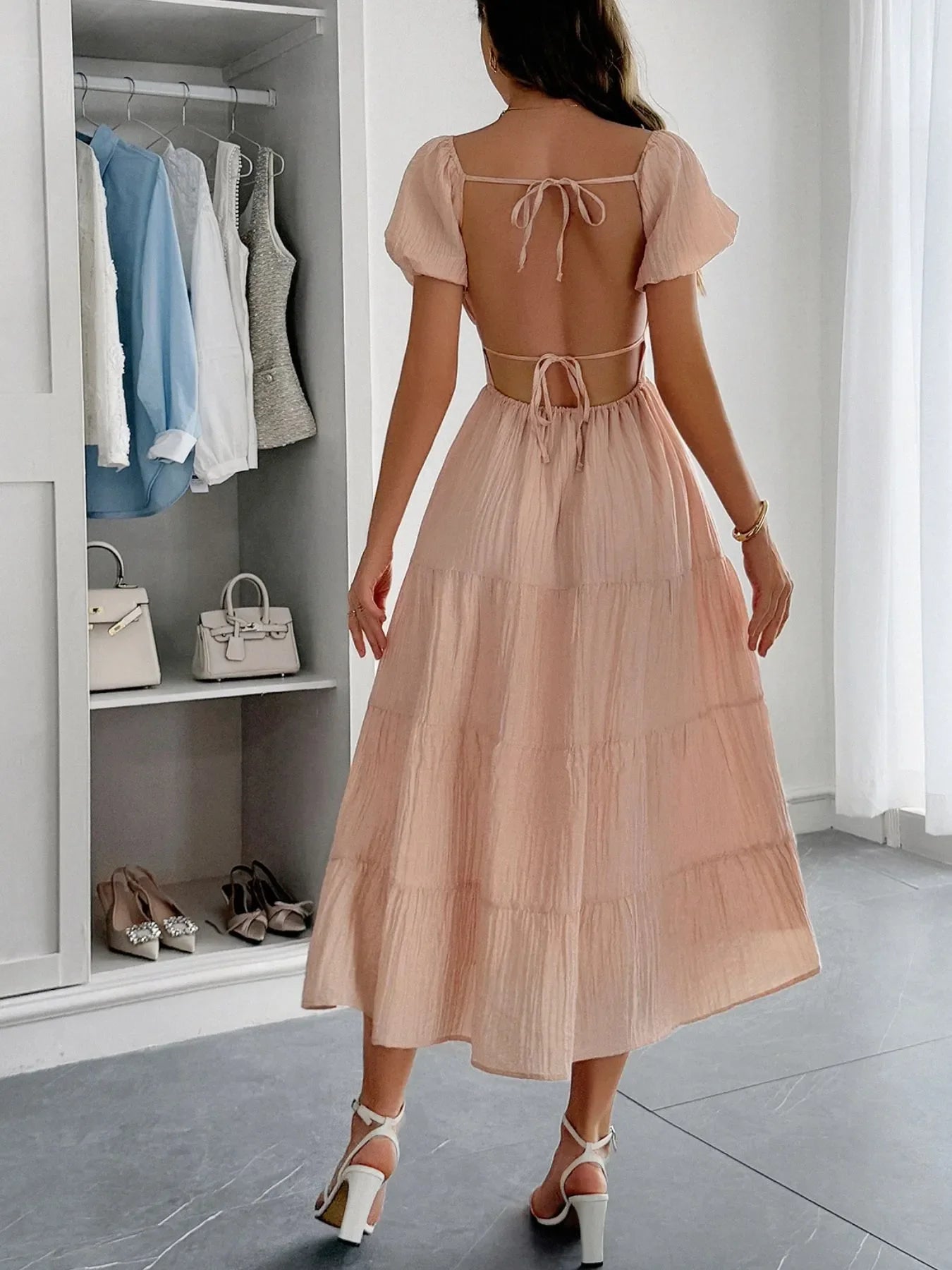 Backless Tiered Puff Sleeve Midi Dress