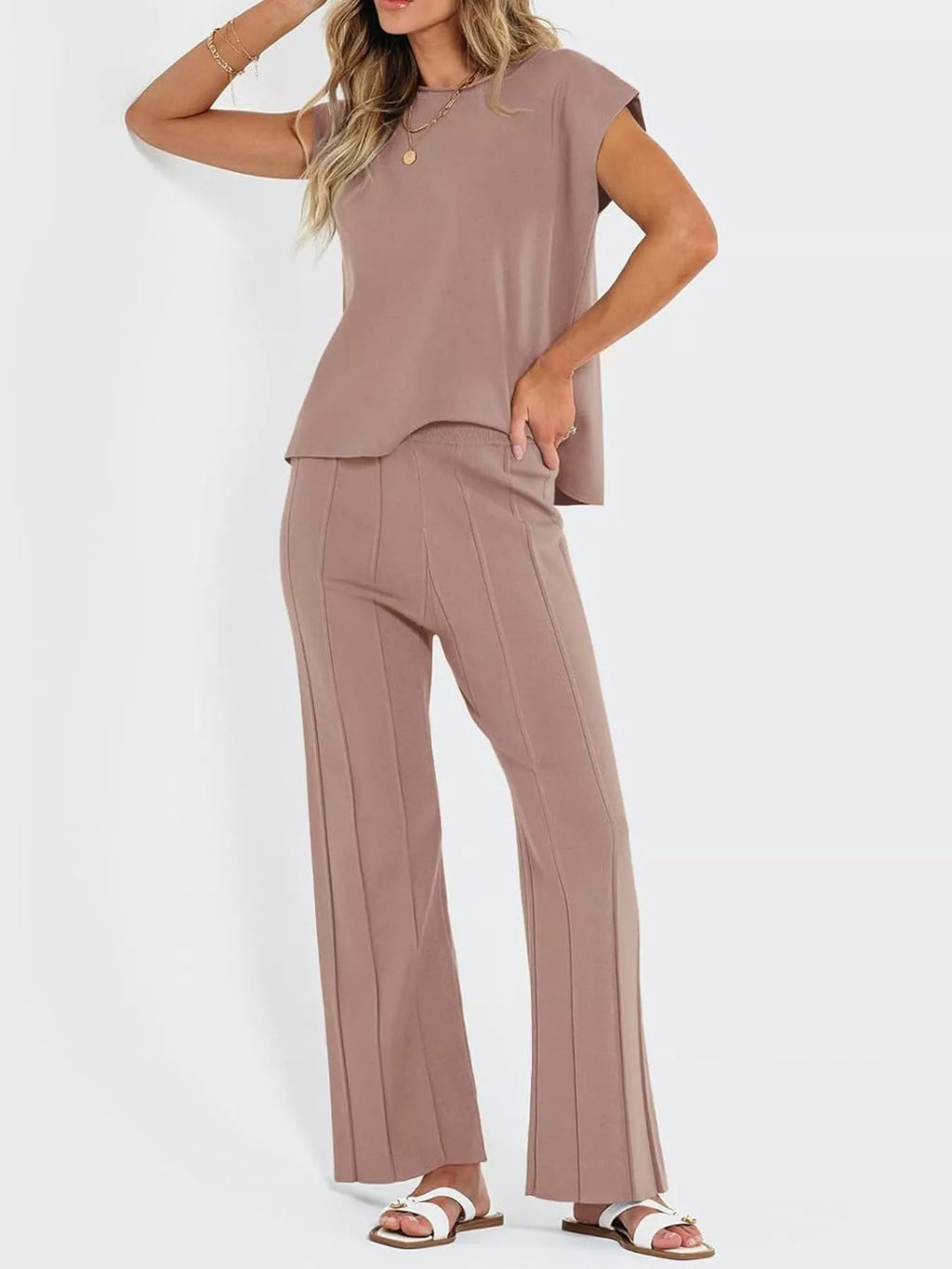 Casual Solid Color Cap Sleeve Top and Pants Knit Set