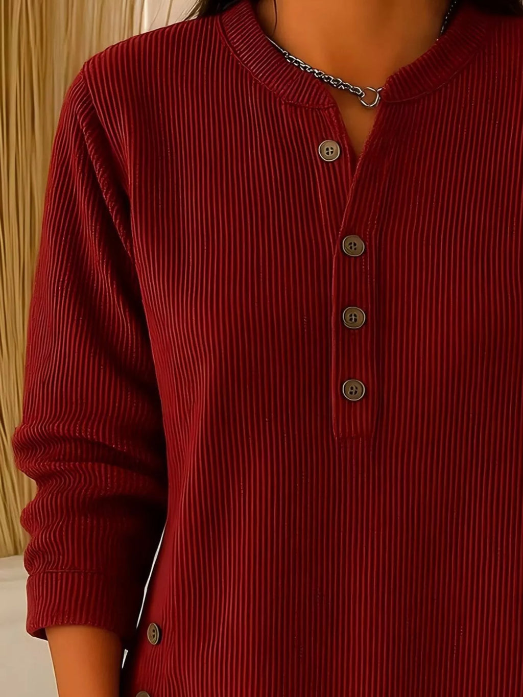 Full Size Ribbed Half Button Henley Top Plus Size