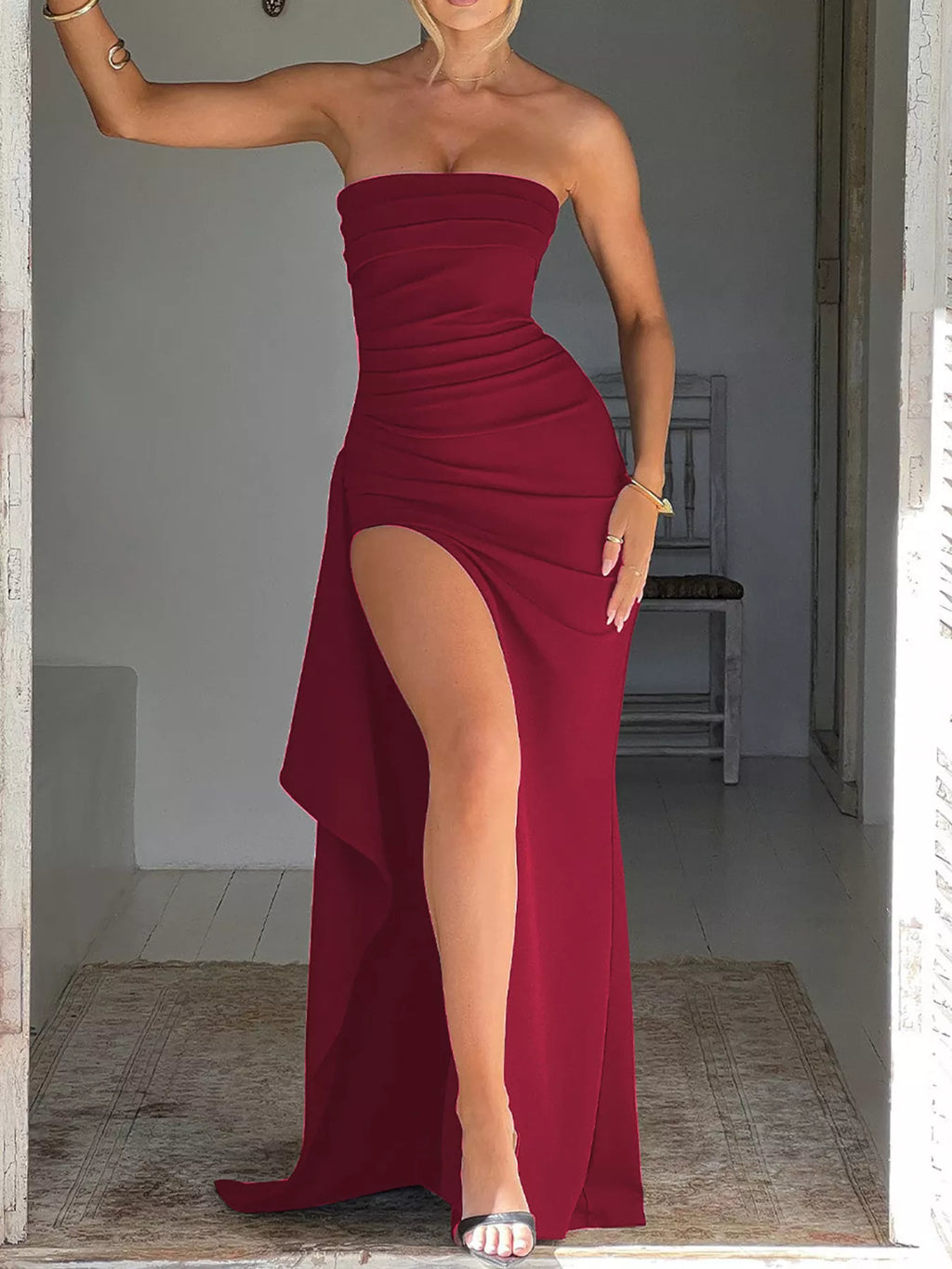 Strapless Ruched High Slit Maxi Dress