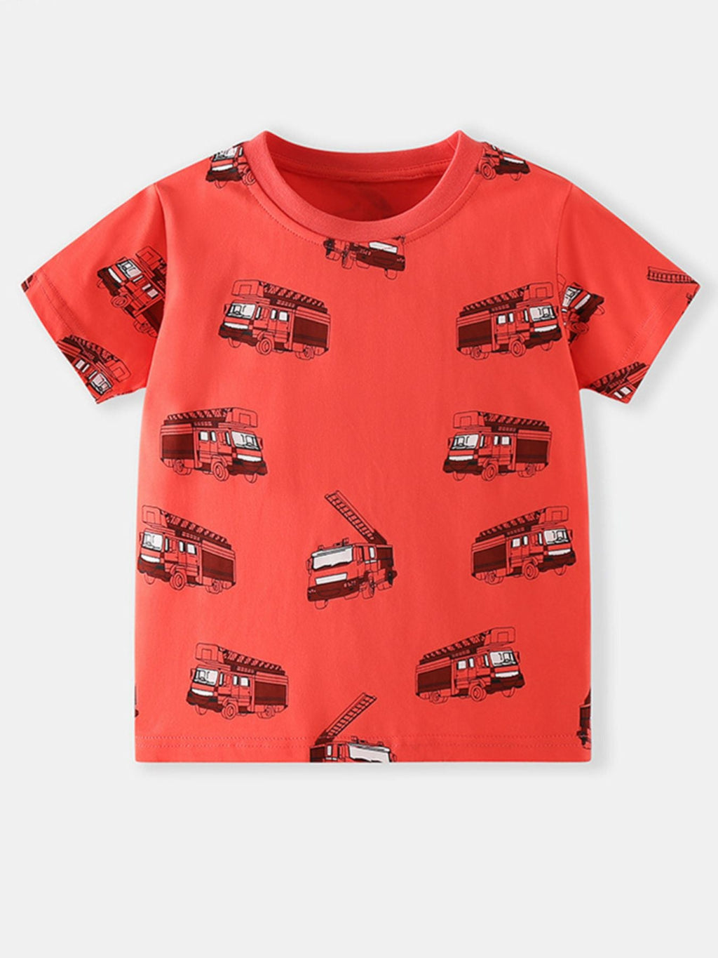 Children's Fire Truck Print Crew Neck Short Sleeve T-Shirt