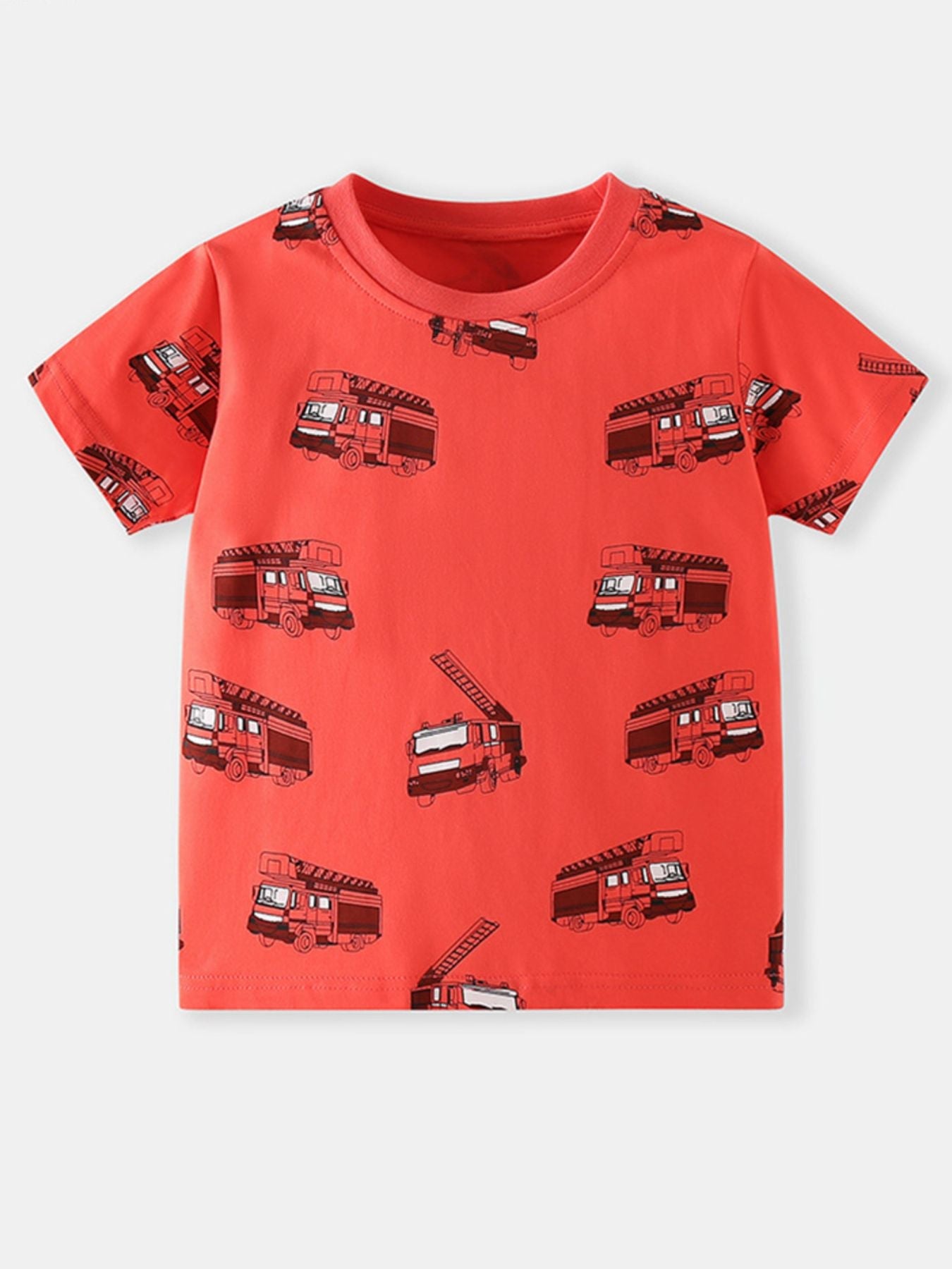 Children's Fire Truck Print Crew Neck Short Sleeve T-Shirt