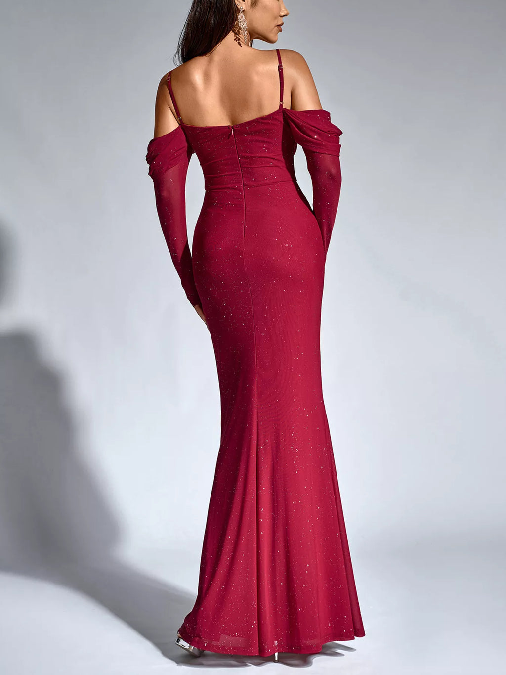Glitter Ruched Long Sleeve Mermaid Maxi Dress