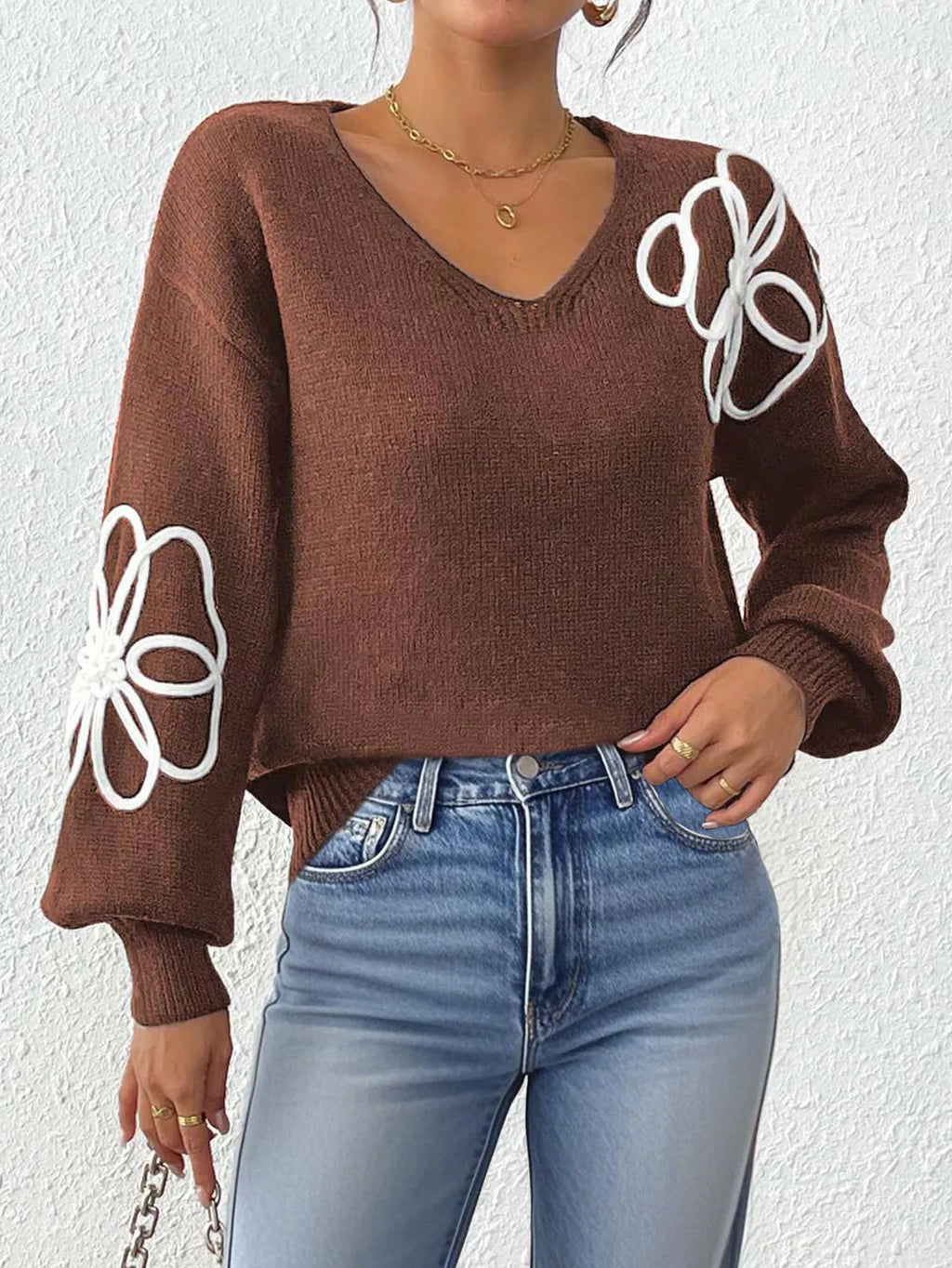 Flower V-Neck Long Sleeve Sweater