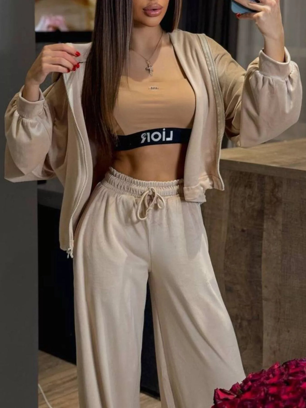 Zip Up Cropped Outerwear and Pants Set