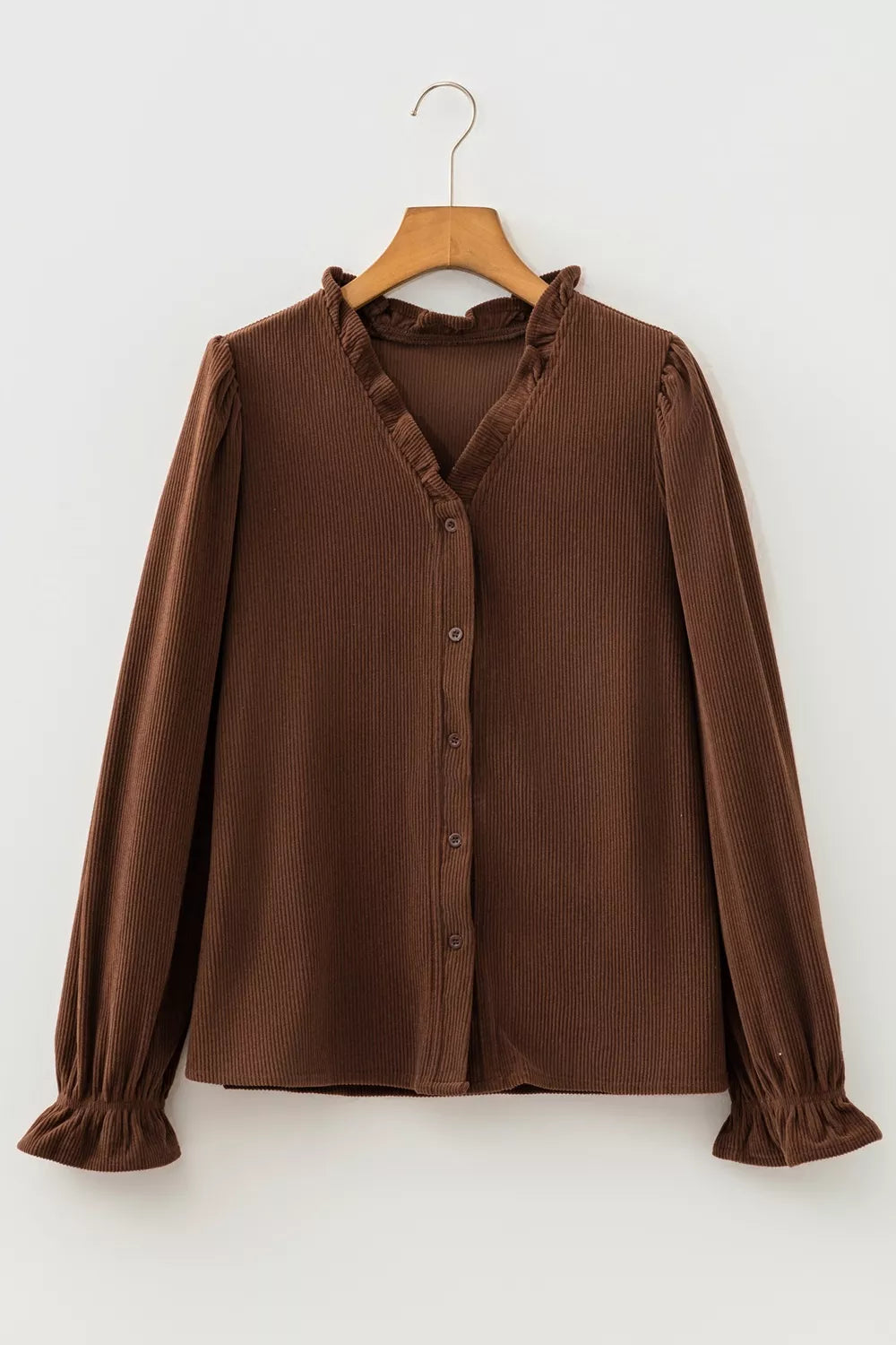 Solid Color Ruffle Trim V Neck Long Sleeve Button Corduroy Shakcet