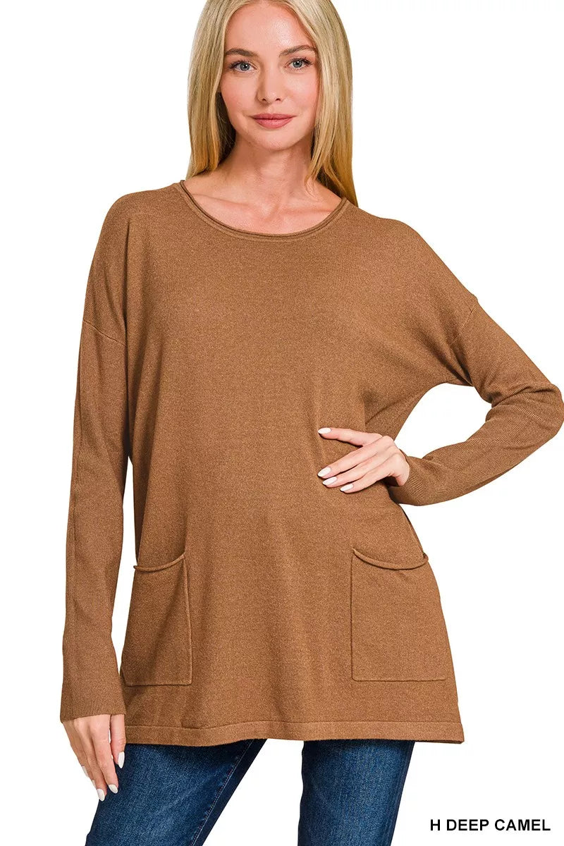 Zenana Viscose Long Sleeve Front Pockets Sweater