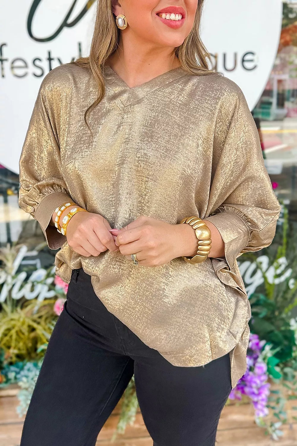 Metallic V Neck Button Cuffed Long Sleeve Dolman Blouse
