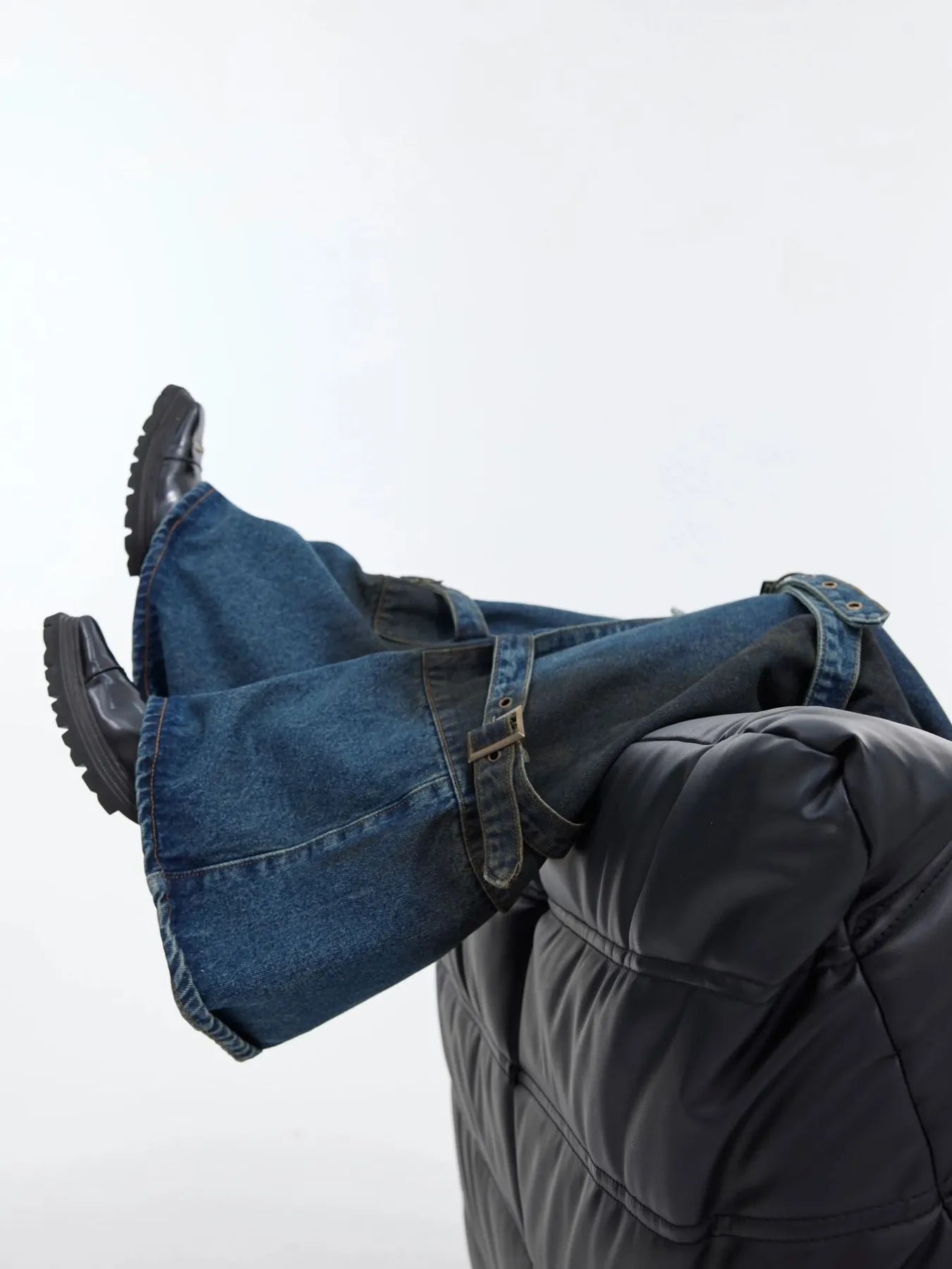 Men's Plus Size Buckle Strap Washed Flare Jeans