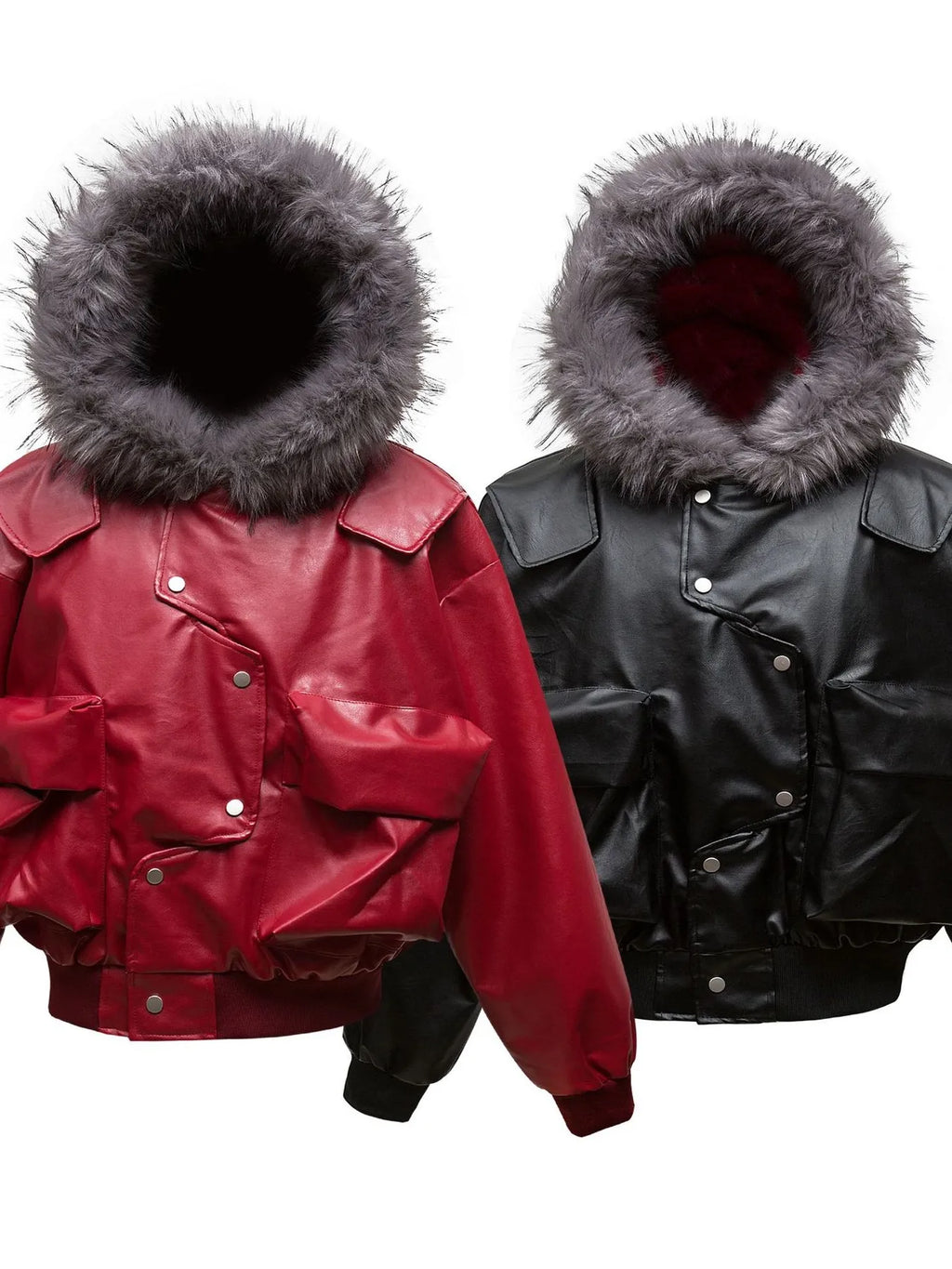 Men's Leather Bomber Jacket with Faux Fur Hood