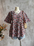 Plus Size Floral Print V-Neck Short Sleeve Blouse