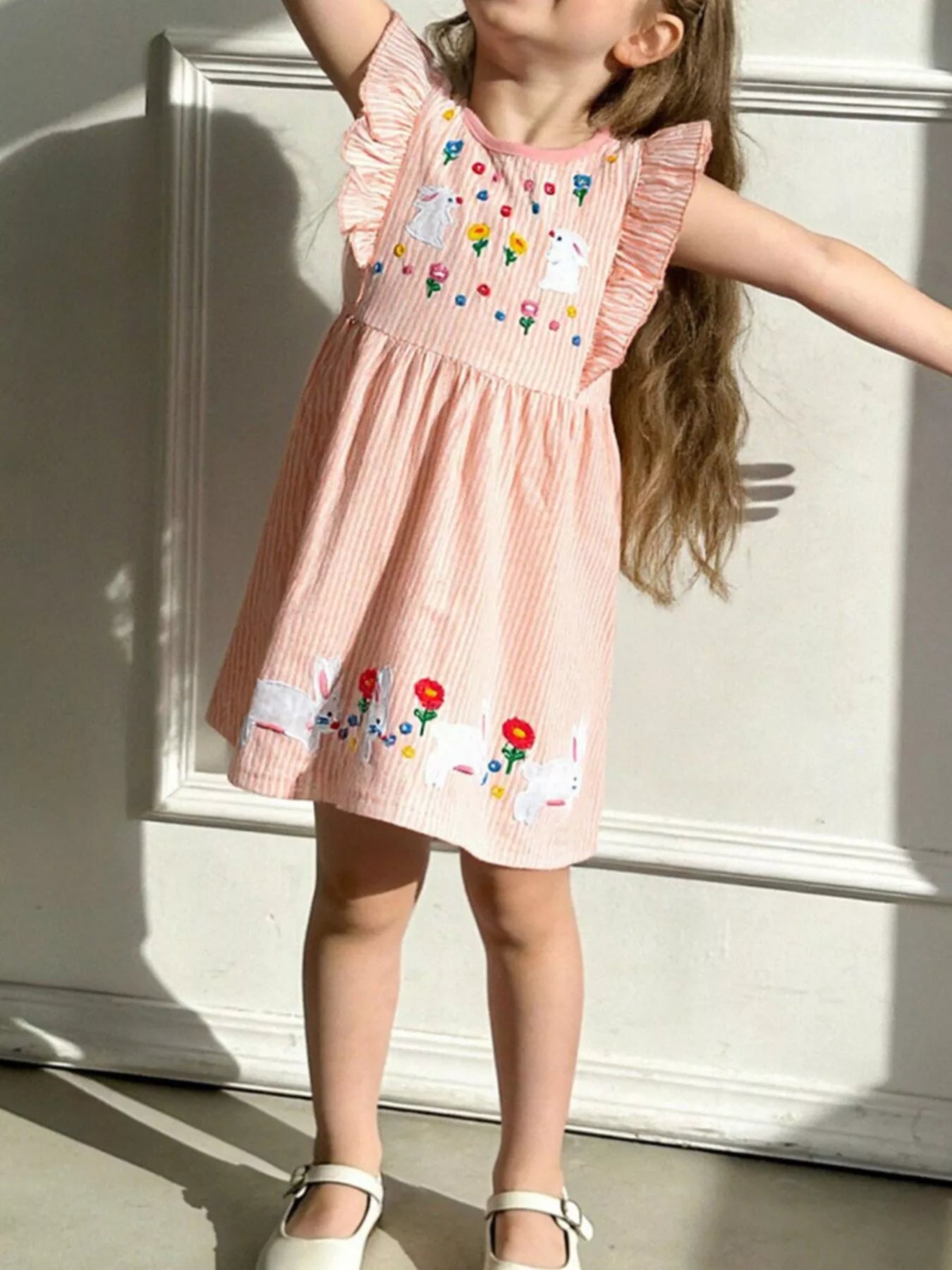Children's Embroidered Bunny Ruffle Sleeve Dress