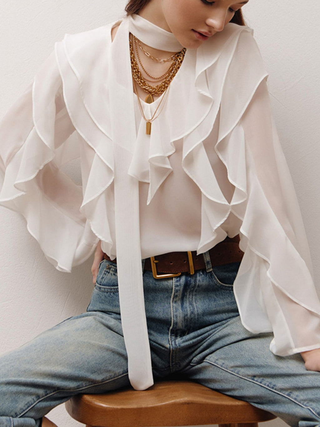 Ruffle Trim Chiffon Blouse