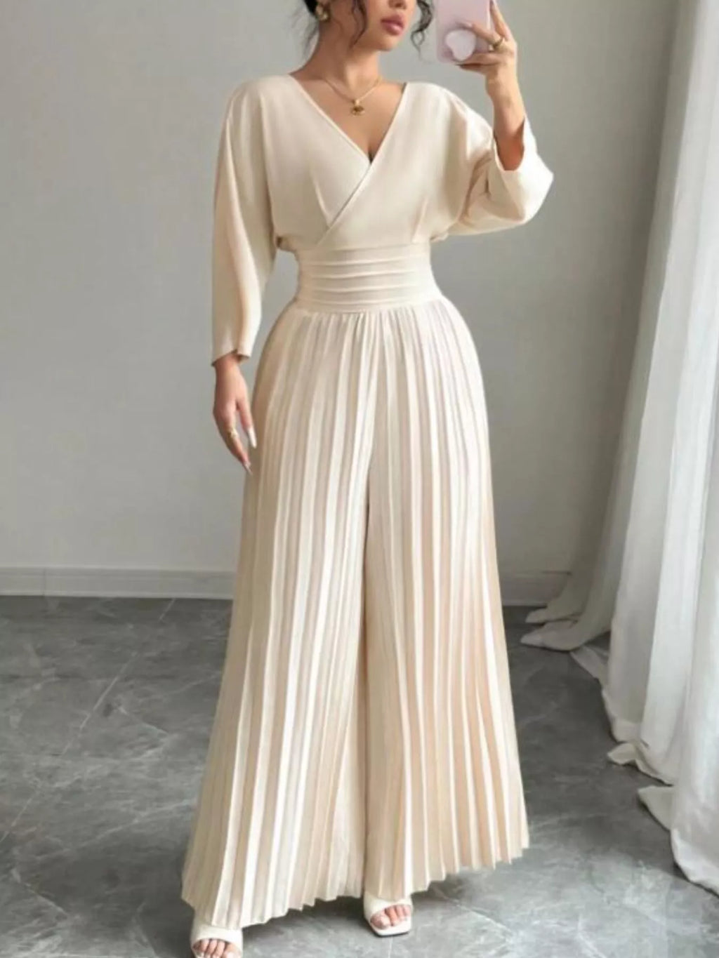 Surplice Pleated Wide Leg Jumpsuit