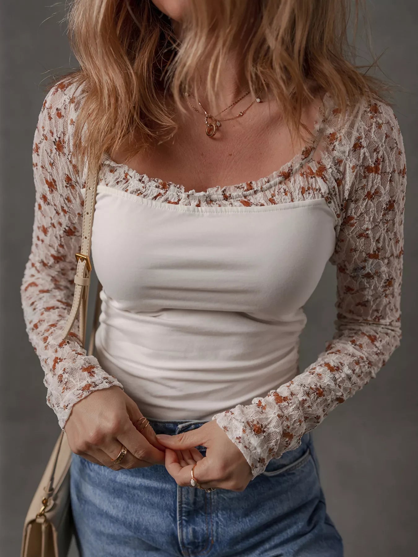 Floral Lace Patchwork Square Neck Long Sleeve Top
