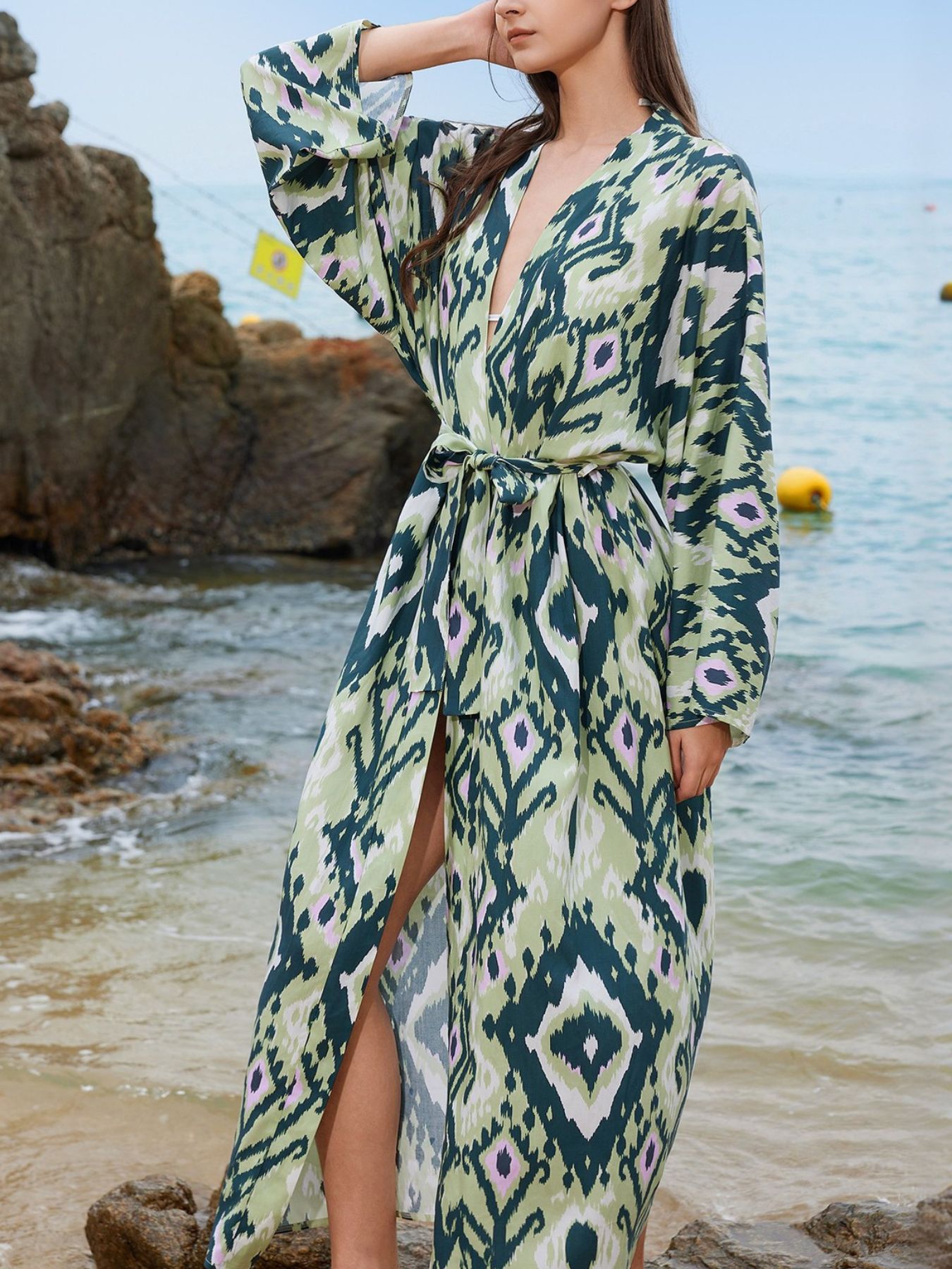 Boho Print Long Sleeve Beach Cover-Up