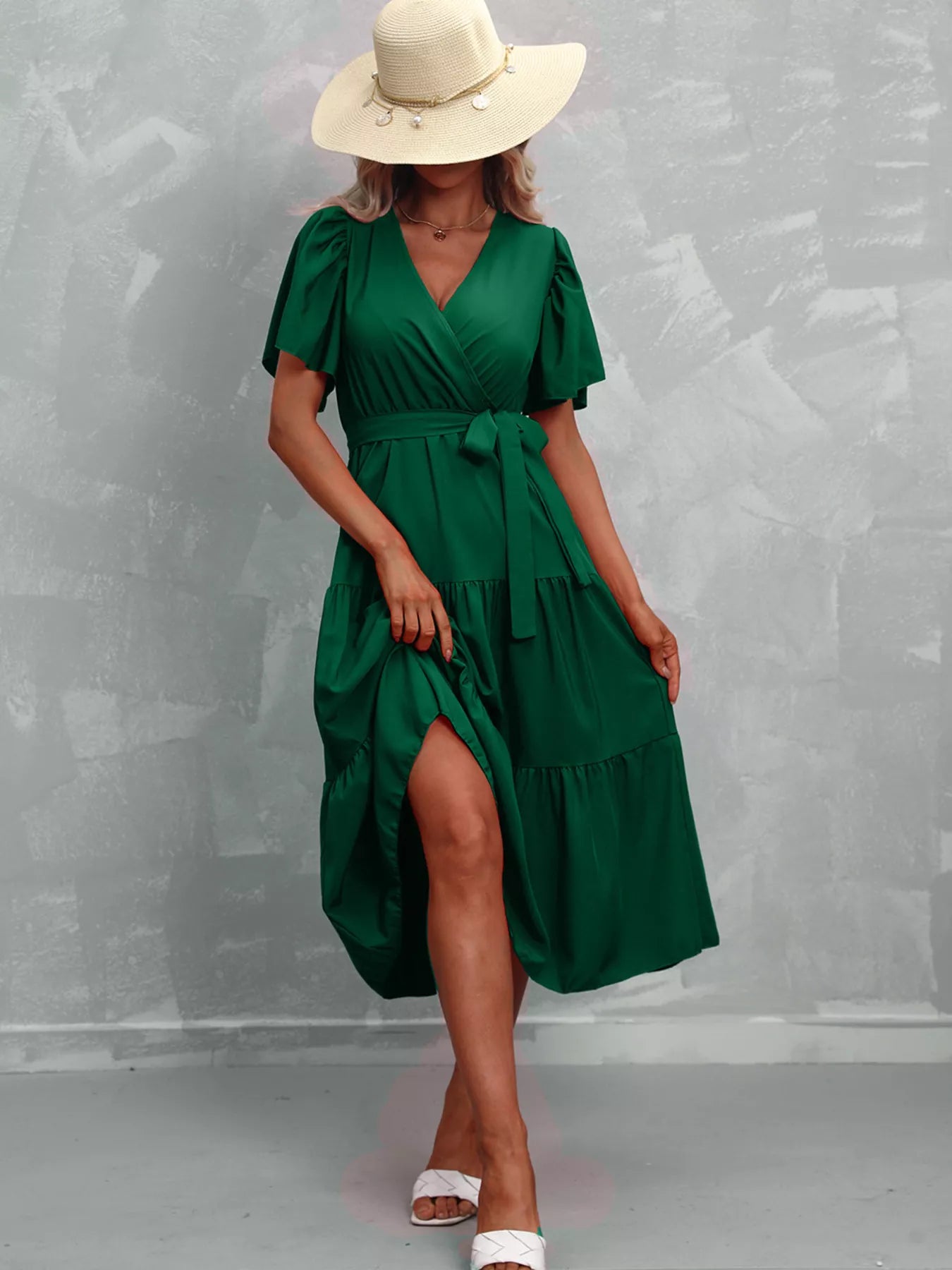 Flutter Sleeve Tiered Midi Dress