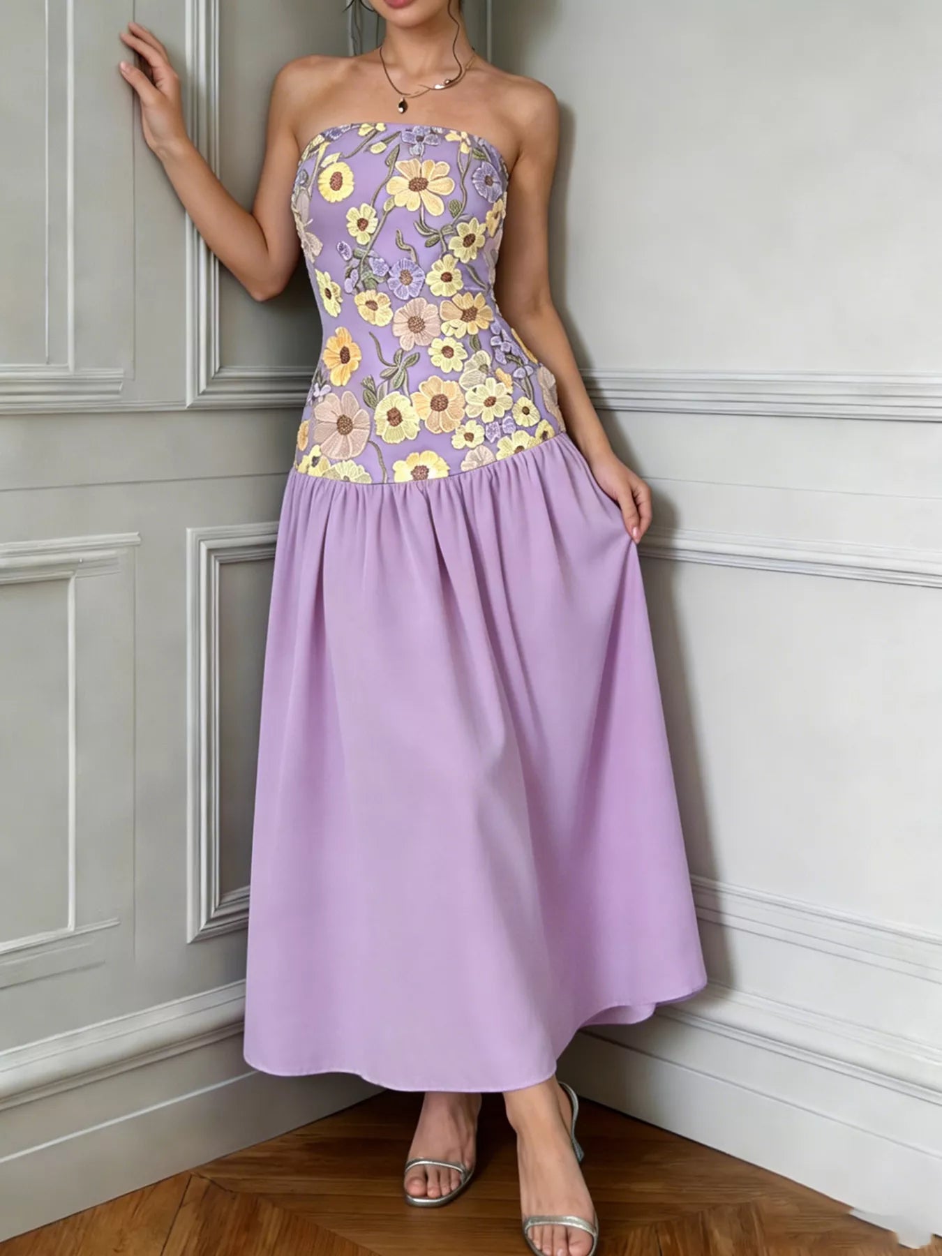 Floral Embroidered Tube Maxi Dress