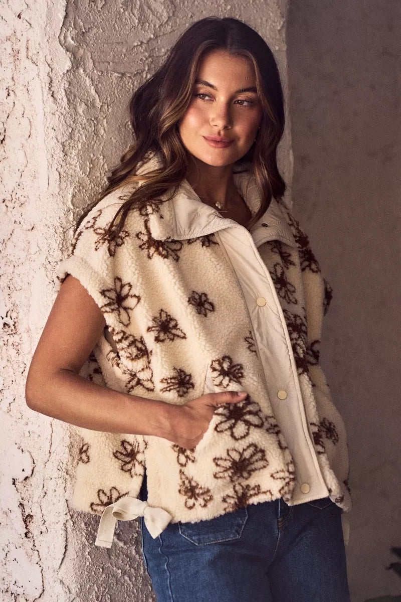 SO ME Flower Sherpa Fur Oversized Sleeveless Vest Jacket