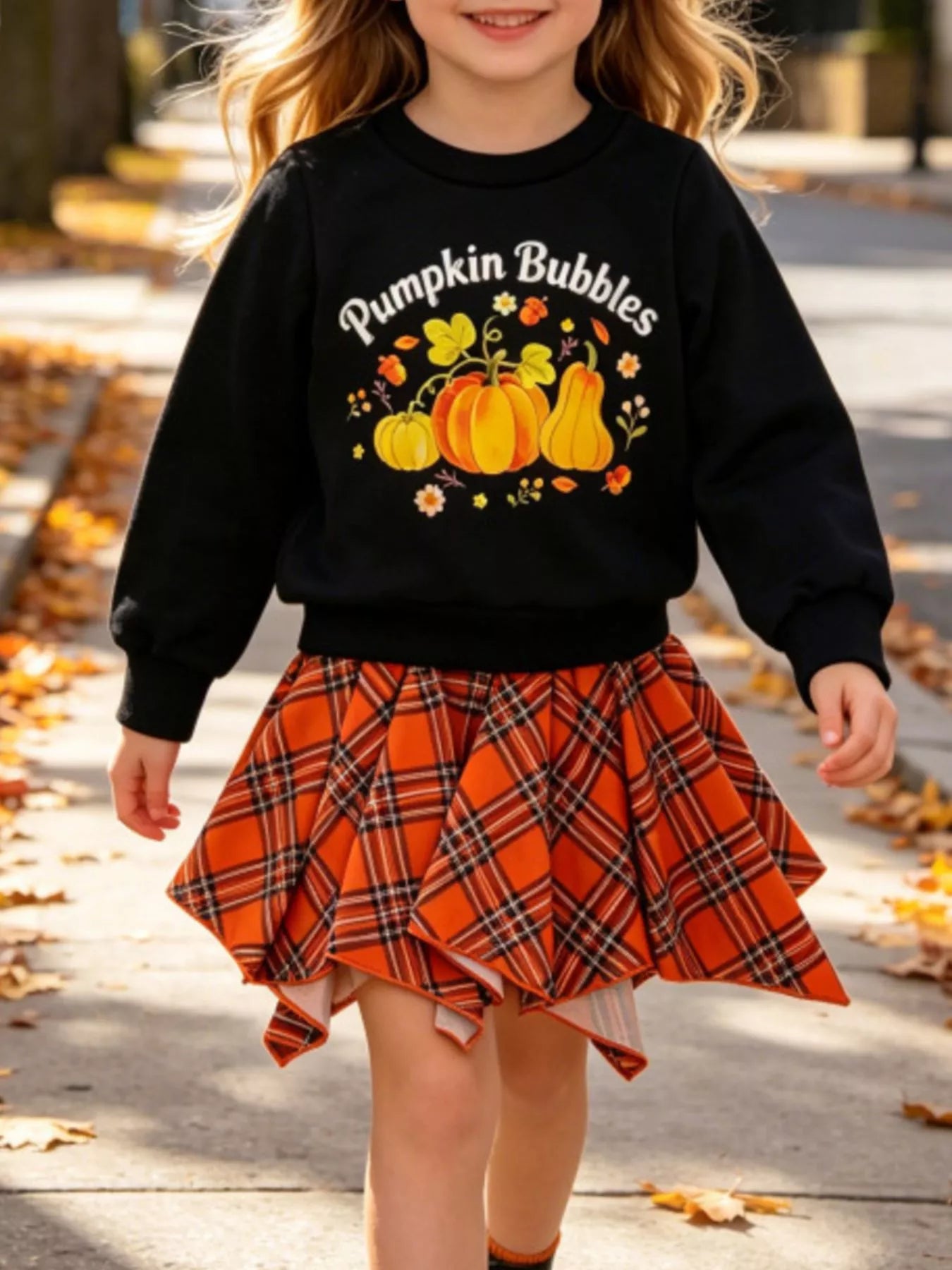 Children's Pumpkin Bubbles Graphic Top and Skirt Outfit Set